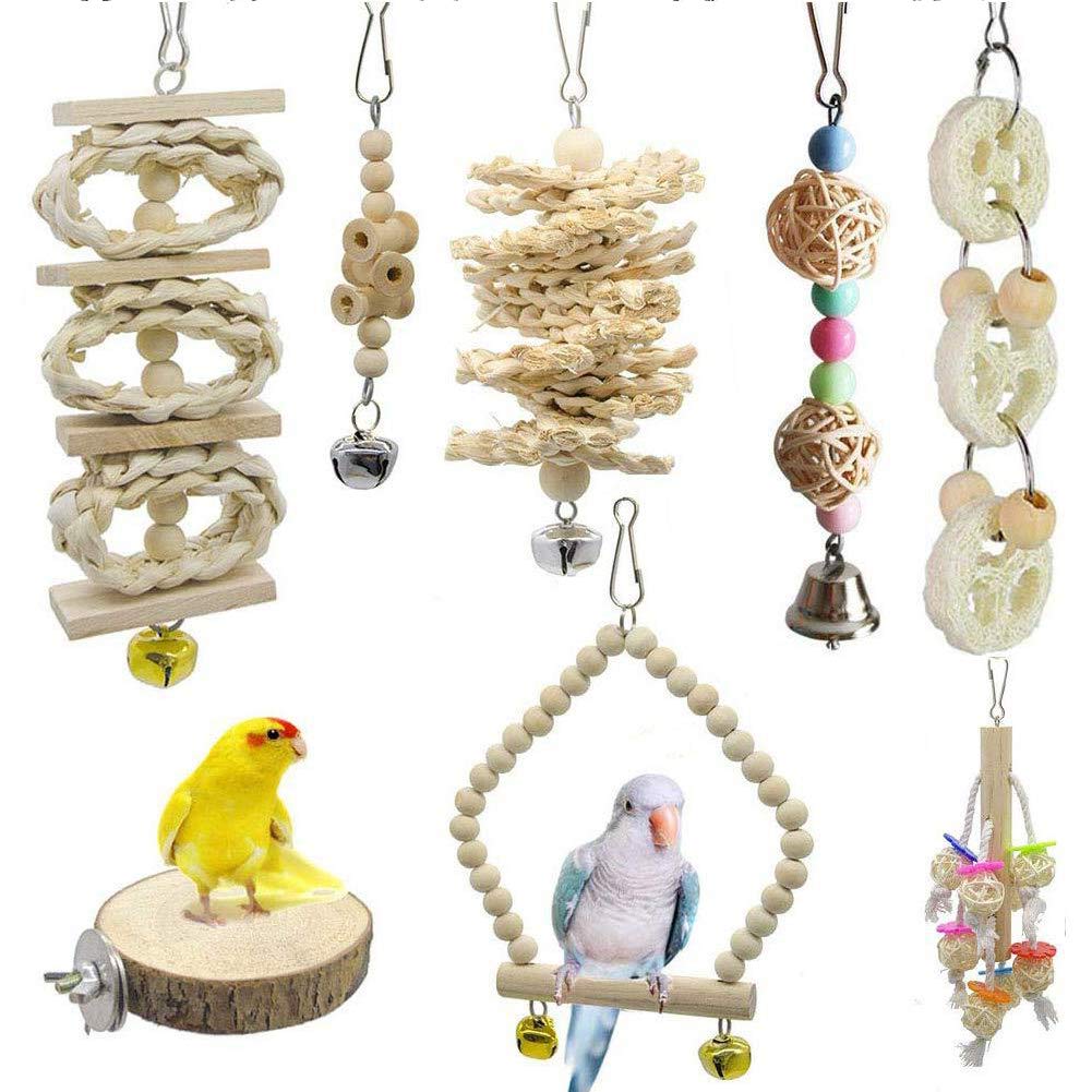 Natural Wooden Bird Toys for Parrots - 8pcs Swing, Chewing Toys, Perches & Hammock Set for Parakeets, Cockatiels & Conures - Cage Accessories for Play, Exercise & Relaxation