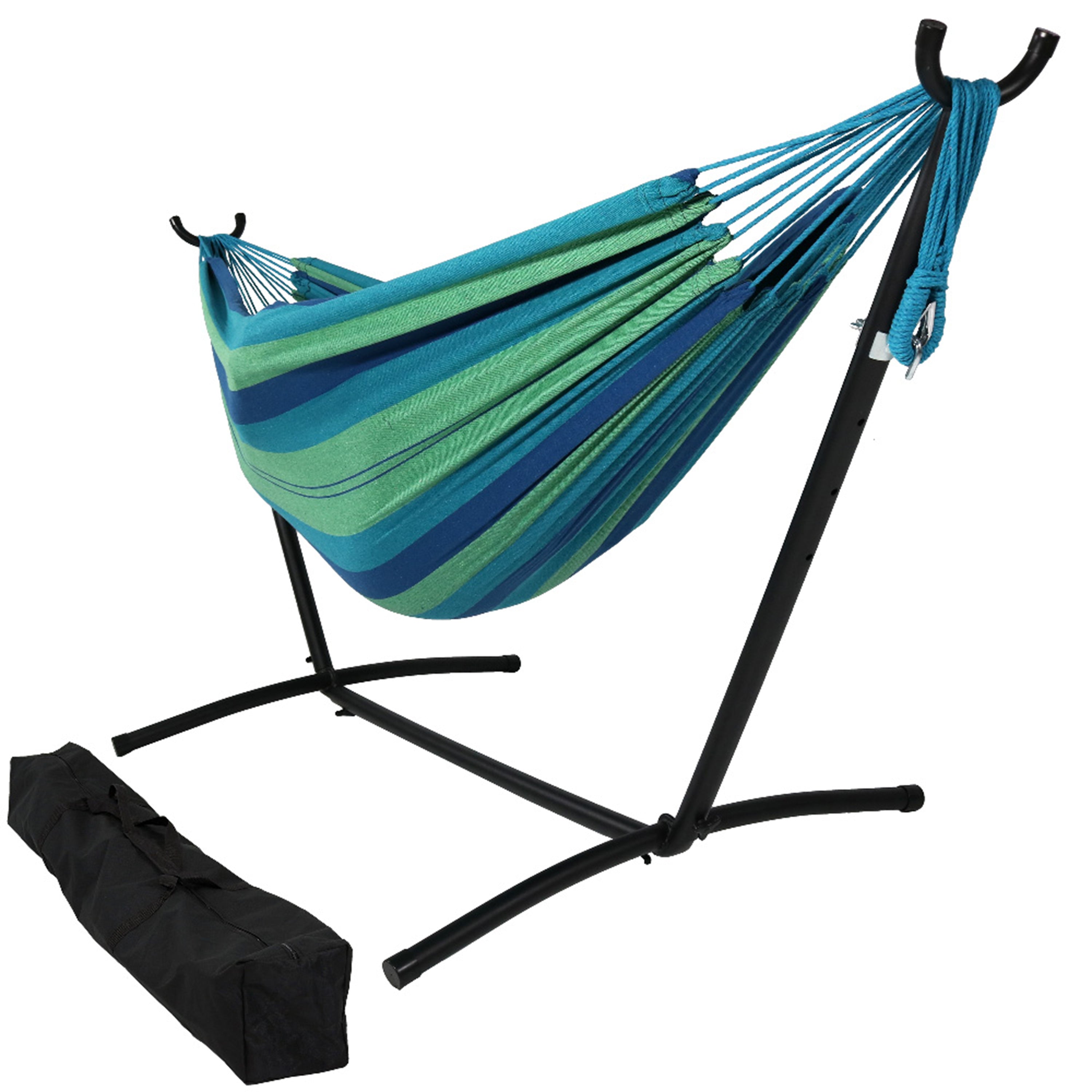 Premium Brazilian Double Hammock with Stand & Carry Bag - Heavy Duty Cotton Rope Hammock for Outdoor, Backyard, Patio & Beach Relaxation
