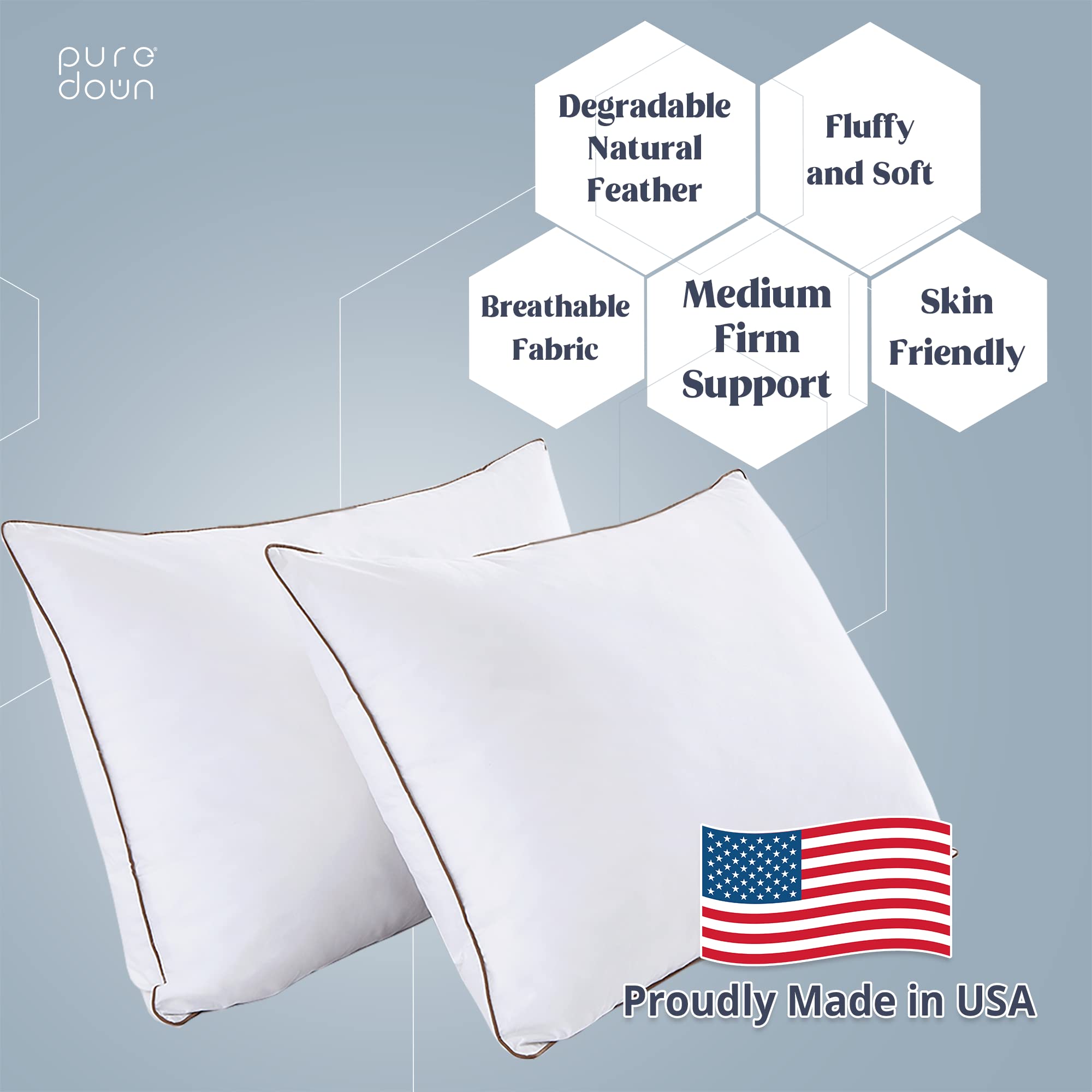 Puredown® USA-Made Soft Fluffy Medium Firm Hotel Pillow - Queen Size Set of 2 with 100% Cotton Cover - Ideal for Back, Stomach & Side Sleepers - Perfect for Luxury Bedding, Guest Rooms & Home Comfort