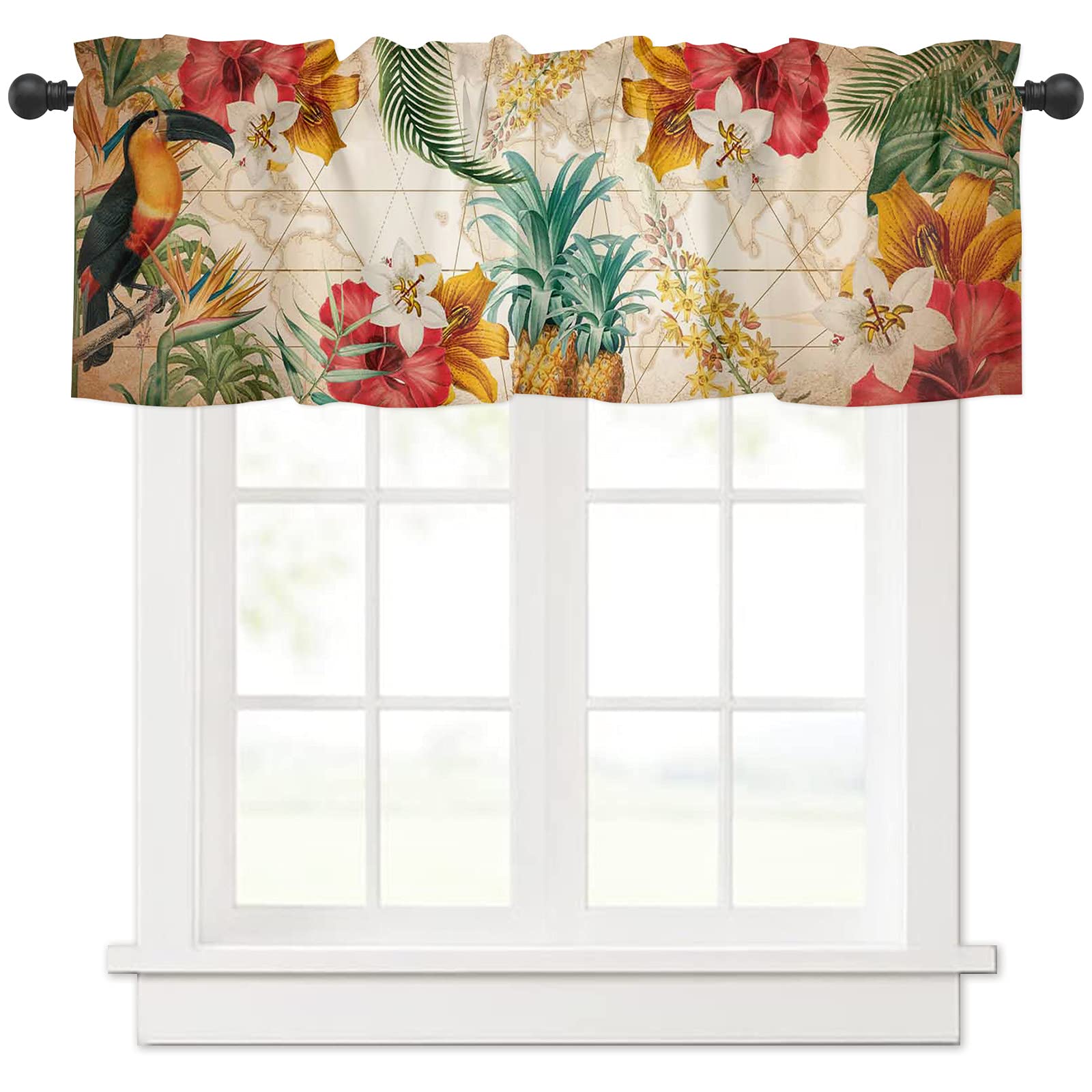 Tropical Flower & Parrot Vintage World Map Window Valance Curtain - Blackout Rod Pocket Design for Kitchen, Bedroom, Living Room & Bathroom - 1 Panel (54 x 18 Inches) - Perfect for Coastal, Boho & Farmhouse Home Decor