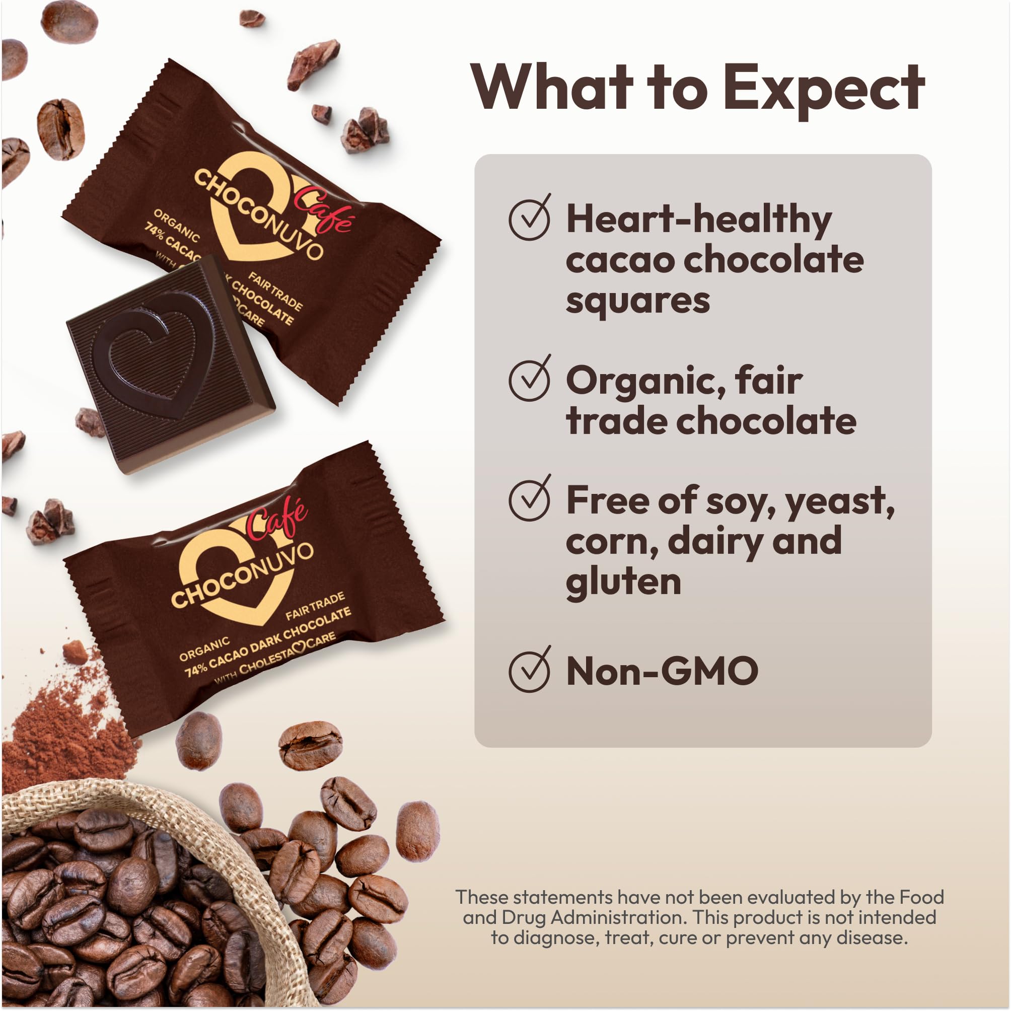 Organic Fair Trade Coffee-Flavored Dark Chocolate 74% Cacao - 120 Pieces by ANDREW LESSMAN ChocoNuvo Café | Plant Sterols for Healthy Cholesterol Balance | Low Fat 25 Calorie Squares | Perfect for Gifts, Snacking & Healthy Lifestyle