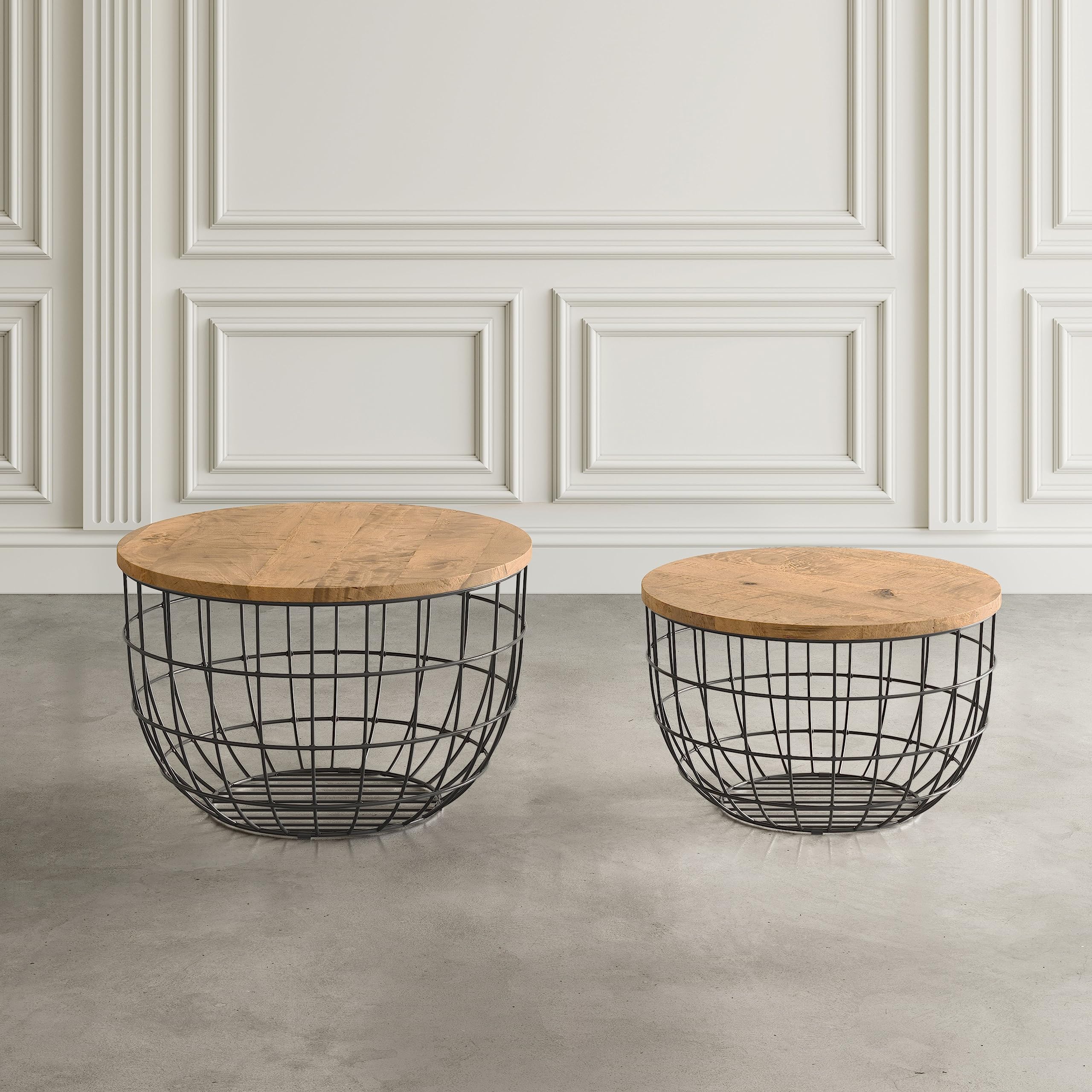 Jofran Rondo Nested Storage Coffee Table Set of 2 - Solid Wood & Metal Basket End Tables, Black - Perfect for Living Room, Office & Small Spaces