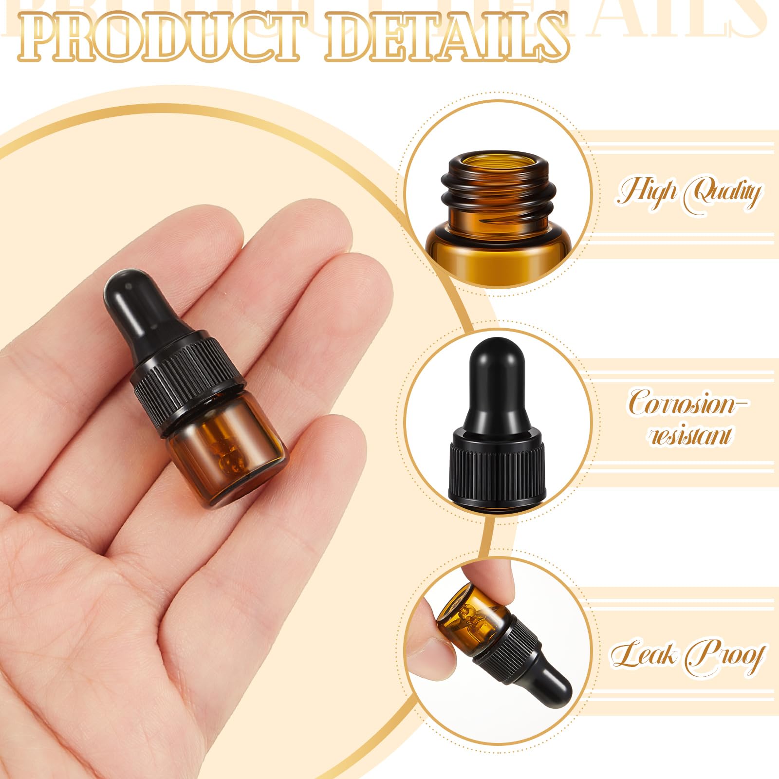 200 Pcs 1ml Amber Mini Glass Dropper Bottles with Lids - Travel Essential Oil Containers, Cosmetic Sample Vials, Perfume Liquid Storage - Perfect for DIY Beauty Products, Aromatherapy & Travel Toiletries