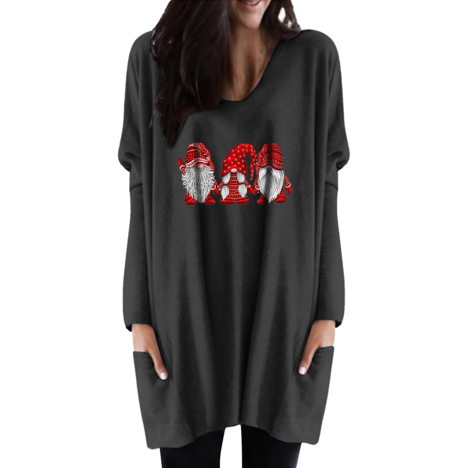 Women's Casual Christmas Printed Blouse - Round Neck Batwing Sleeve Loose Long Top with Pockets | Holiday Party, Office Wear & Everyday Outfit