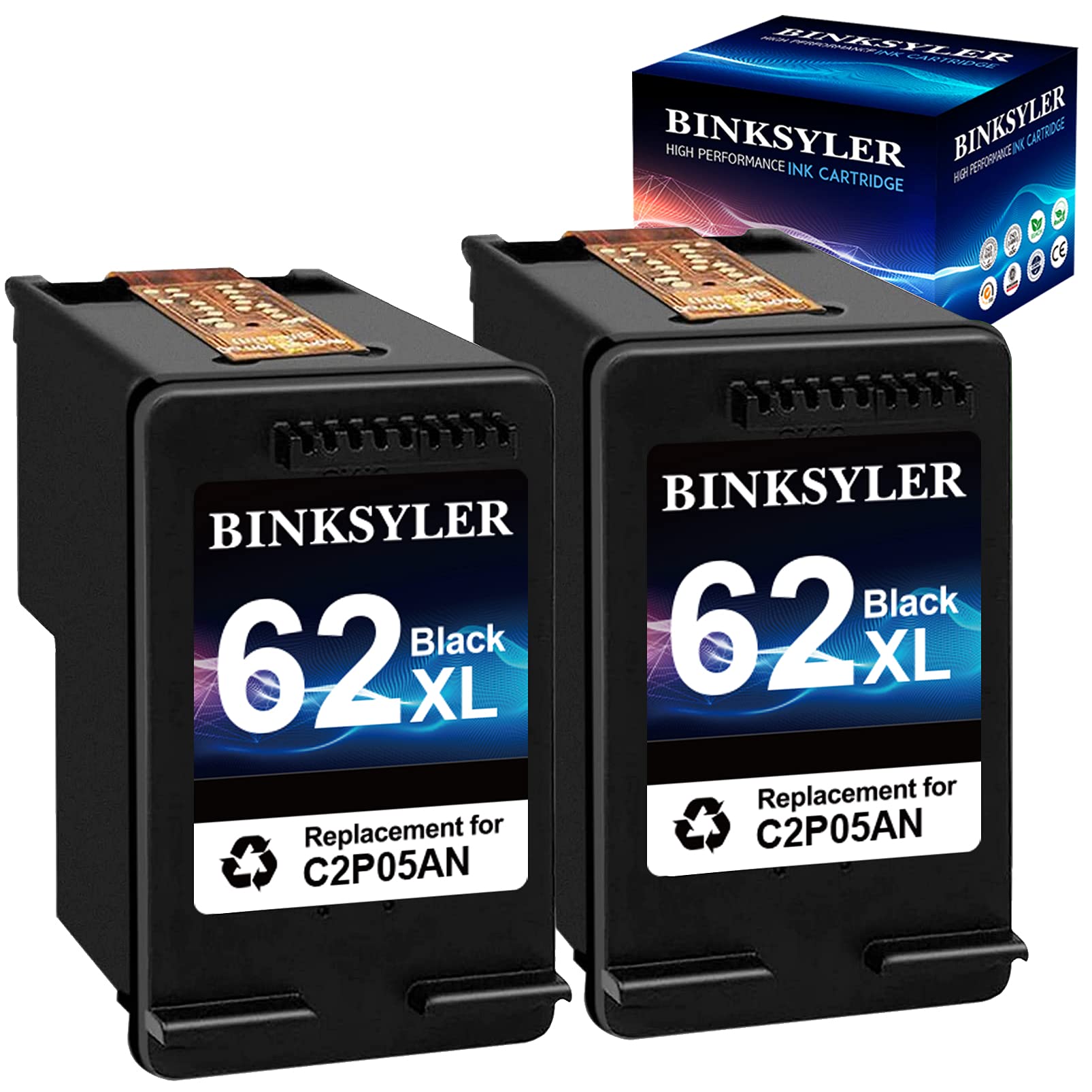 BINKSYLER Remanufactured HP 62XL Black Ink Cartridge (2-Pack) - Compatible with HP Envy 5540/5660/7645/5642/5542/5643/5640/7644 & OfficeJet 250/5740/200/5745 Printers - High-Quality Replacement Ink for Home & Office Printing