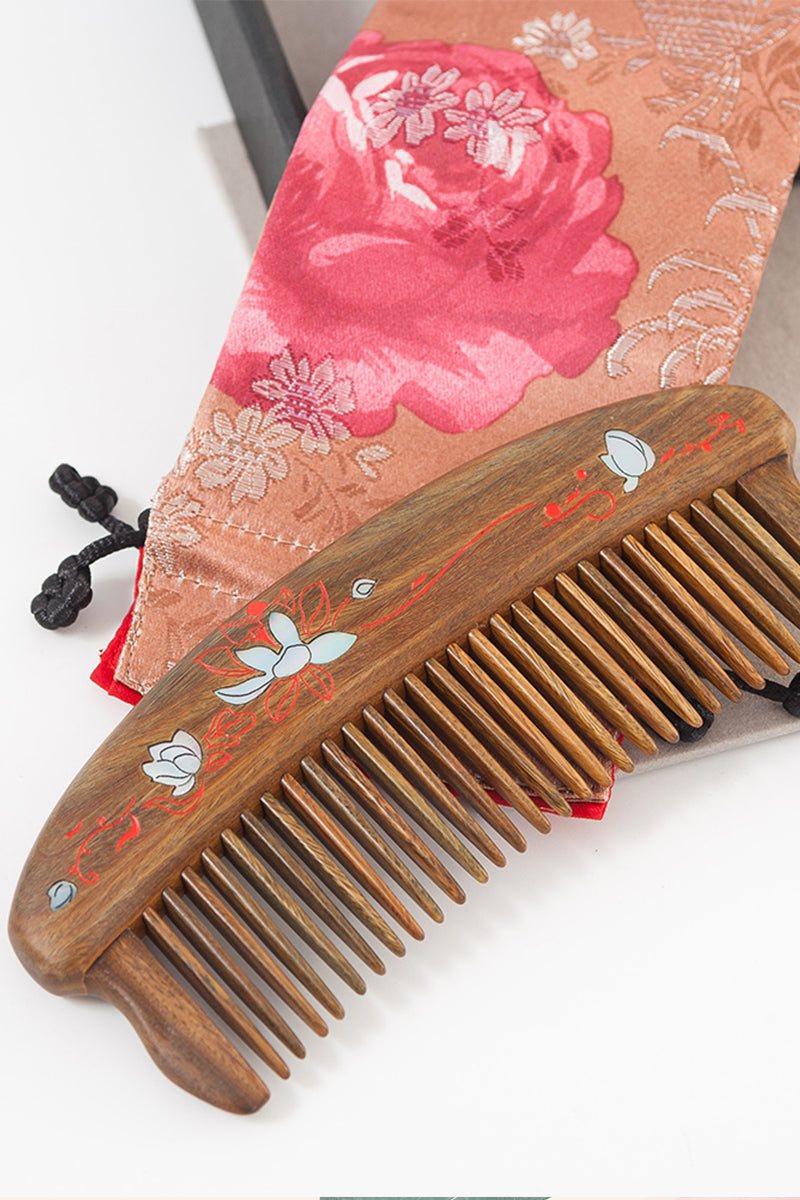 Lotus Wood Comb with Seashell Inlay - Handmade Natural Wooden Hairbrush for Detangling & Styling - Perfect for Daily Hair Care, Gifts, and Travel Accessories