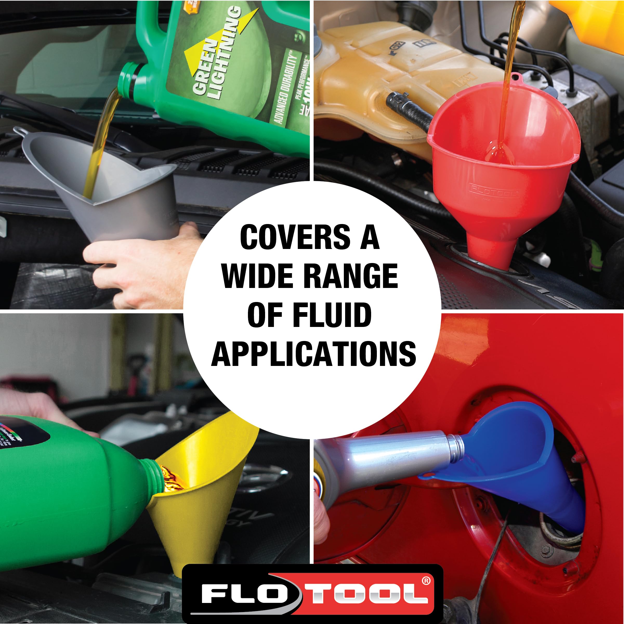 FloTool 10712MX4 Super Quad Funnel 4-Pack - Heavy Duty Oil Funnel Set for Automotive, Motorcycle & DIY Projects - Perfect for Engine Oil, Lubricants, Coolants & Fluids Transfer