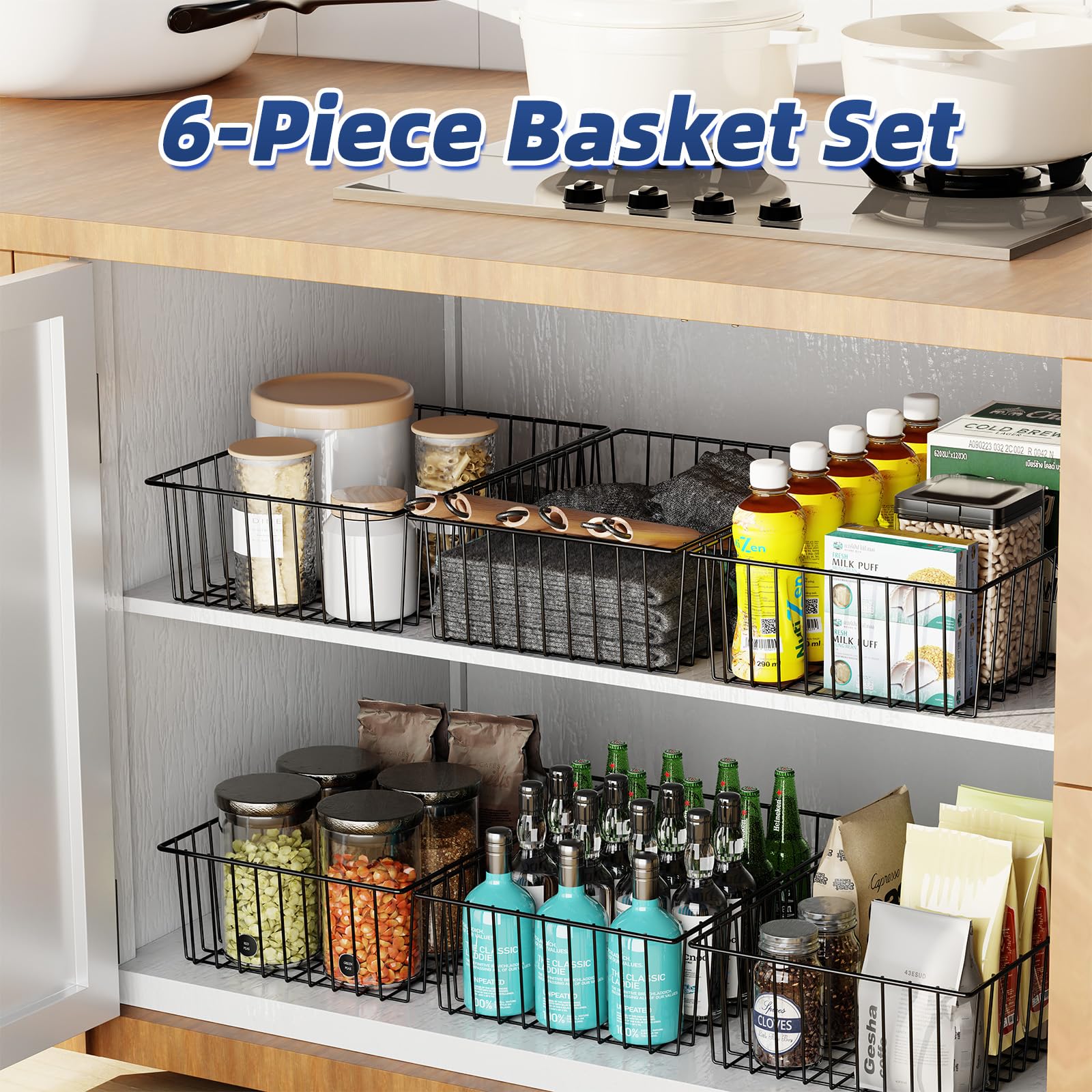 6 Pack Large Wire Baskets for Organization - Metal Pantry Storage Baskets for Cabinet, Kitchen, Garage & Bathroom - Black | Perfect for Home, Office & Retail Storage Solutions