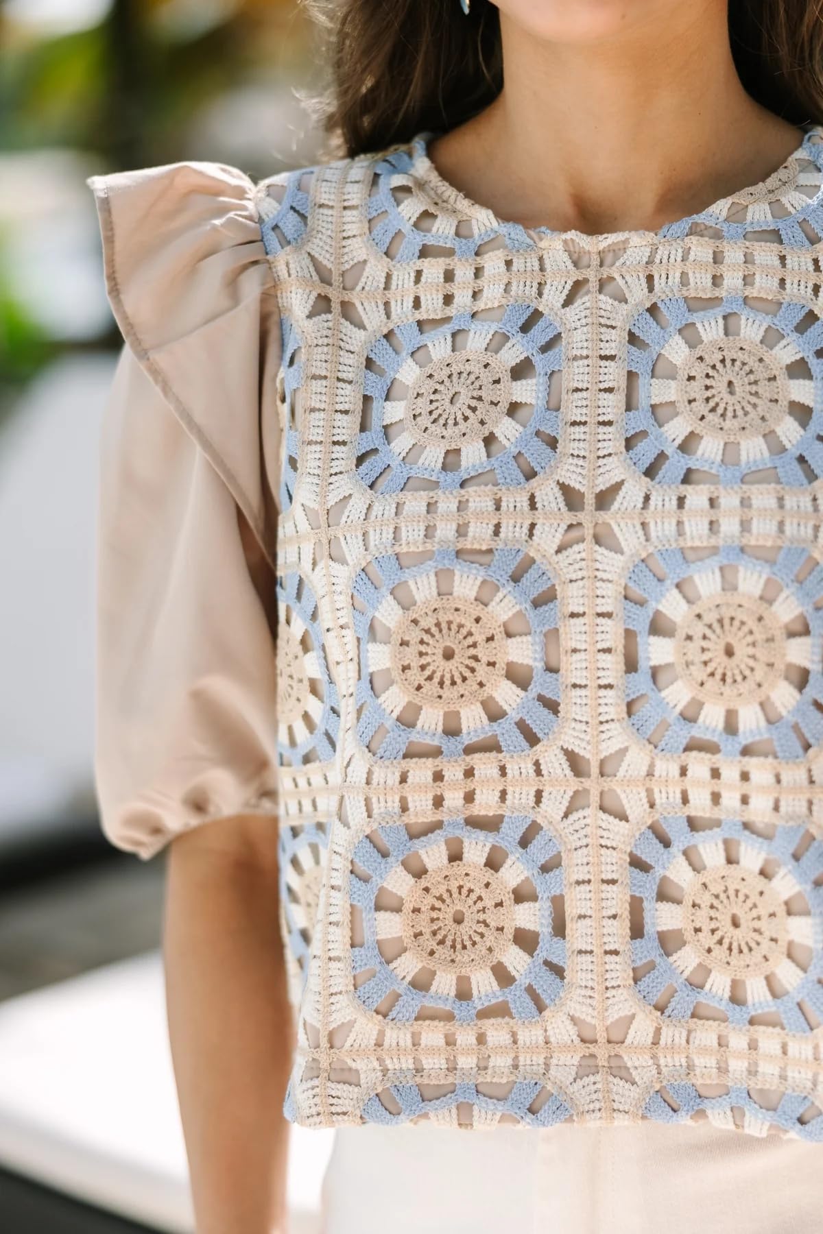 Women's Crochet Crop Top Summer Floral Eyelet Boho Blouse - Cute Ruffle Sleeve Round Neck Casual T-Shirt for Beach, Music Festivals & Date Nights