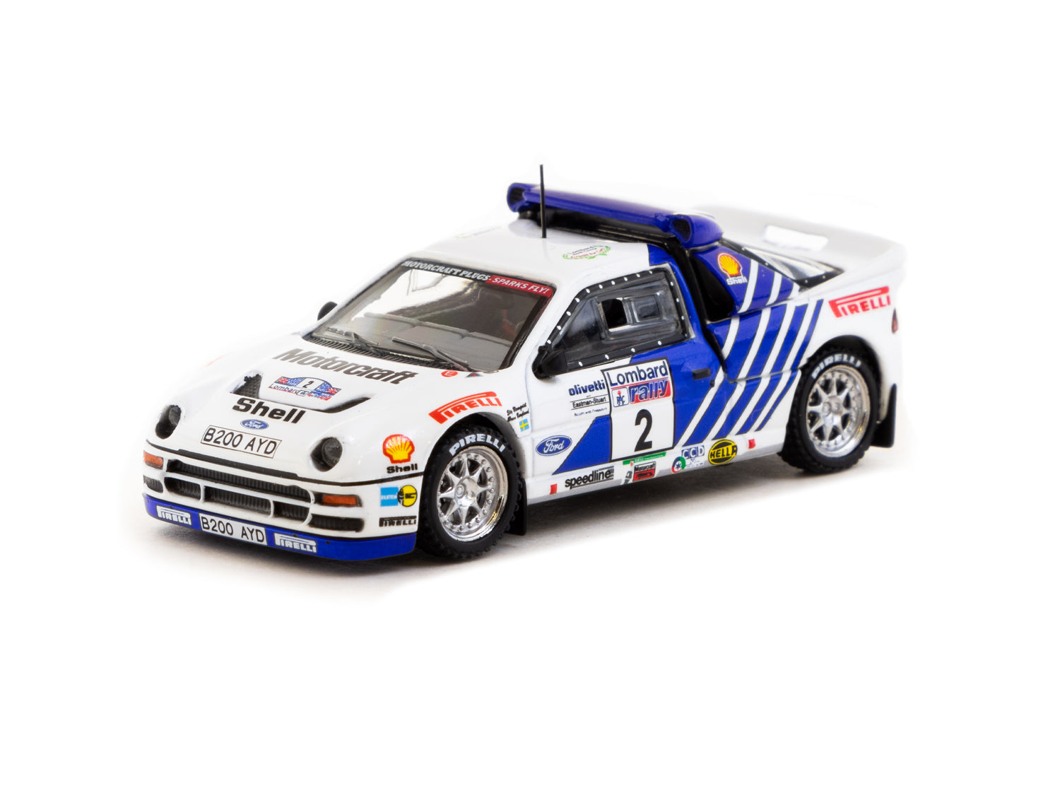 Tarmac Works 1/64 Scale Ford RS200 Lombard RAC Rally 1986 #2 Diecast Model Car - Collectible Miniature Vehicle for Display & Racing Scenes