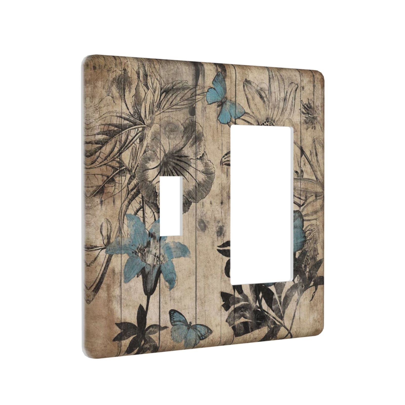 Blue Wood Floral 2-Gang Combination Light Switch Cover - Decorative Plastic Wall Plate & Outlet Cover for Electrical Decor - Perfect for Kids Bedroom, Bathroom & Home Interior Design