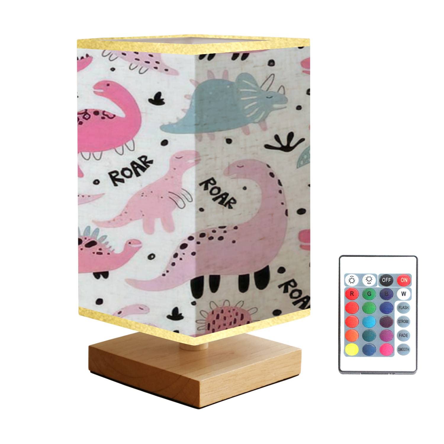 Dimmable Scandinavian Style Square Bedside Table Lamp with Wooden Base & Flaxen Fabric Shade - Dinosaur Print Nightstand Lamp for Kids Bedroom, Nursery, Living Room | Perfect Reading Light & Cozy Nighttime Ambiance