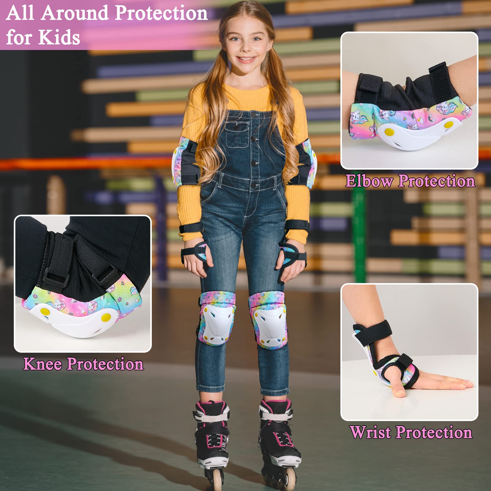 FIODAY Kids Knee Pads & Elbow Pads Set with Wrist Guards - Adjustable Protective Gear for Toddlers 9-15 Years (Rainbow) - Perfect for Skating, Cycling, Skateboard & Scooter - Includes Drawstring Bag for Easy Storage