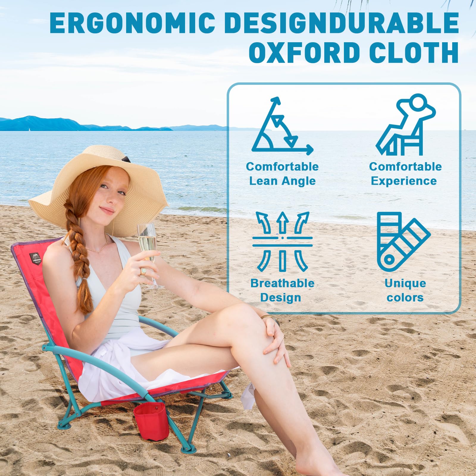 2 Pack Lightweight Folding Low Beach Chairs for Adults - Portable Recliner Camping Chairs with Cup Holder & Carry Bag - Perfect for Outdoor, Beach, Picnic, Festival, and Backyard Relaxation (Pink)