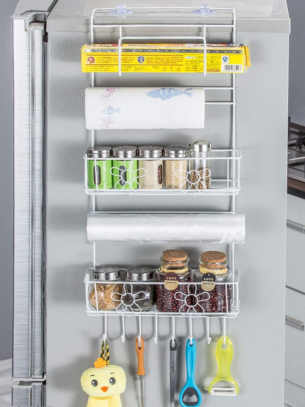 Decorlay 3-Tier Refrigerator Side Shelf Organizer - Wrought Iron Hanging Storage Rack for Kitchen, Spices, Tissue Box & More | Space-Saving Fridge Organizer | Perfect for Small Kitchens & Apartments (White)