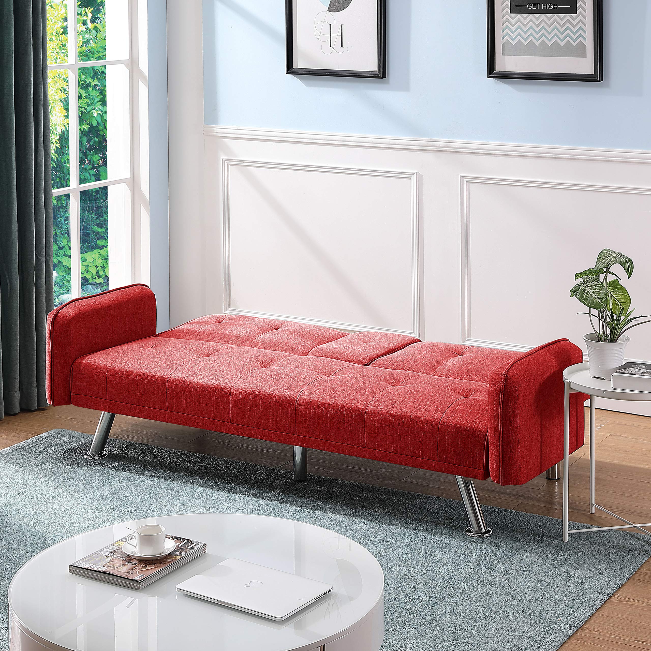 Convertible Sleeper Sofa Bed Twin Size - Modern Futon Couch for Living Room, Apartment & Dorm - Red Fabric Sofa Bed with Easy Pull-Out Mechanism | Perfect for Small Spaces, Guest Rooms & Studio Apartments