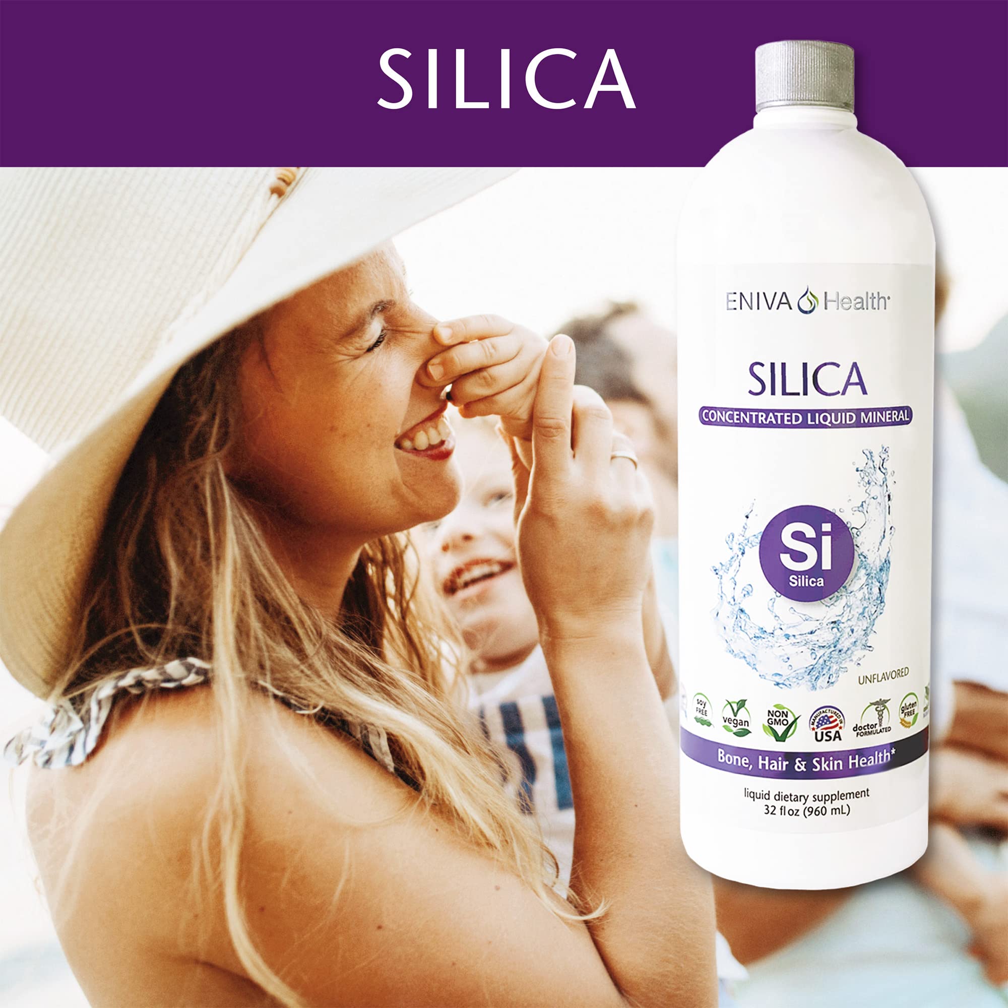 Eniva Health Liquid Ionic Silica Supplement - 2mg per Serving | Supports Collagen & Elastin Production for Joint, Bone, Skin, Hair & Nail Health | Keto & Gluten Free | 32 Servings | Ideal for Active Lifestyles & Anti-Aging Routines