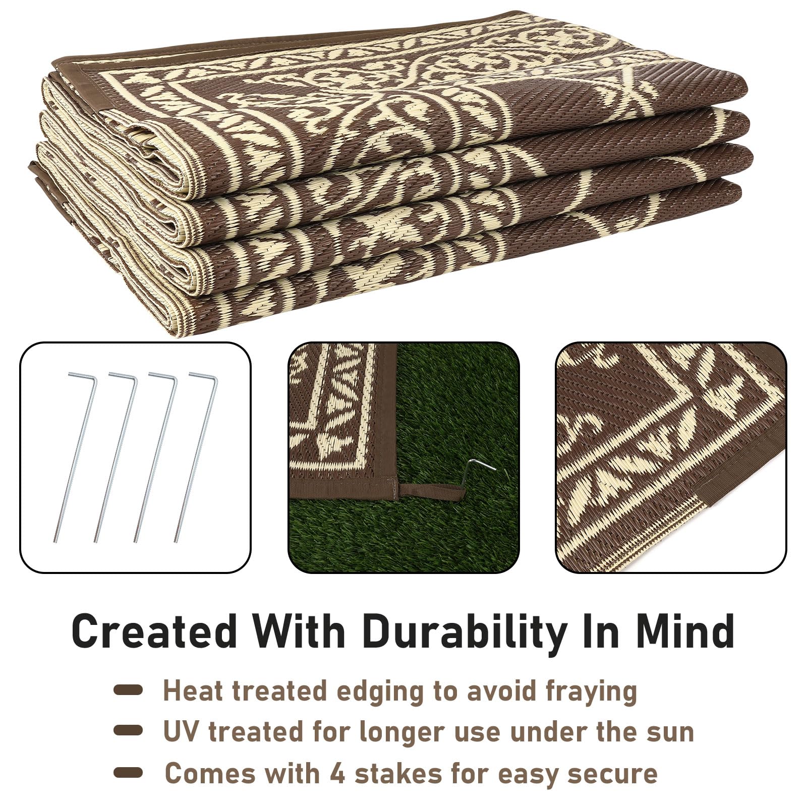 HiiARug Reversible 5'x7' Outdoor Rug - Durable Plastic Straw Patio Mat for Camping, RV, Deck, Backyard, Beach & Picnic - Waterproof & Easy to Clean - Perfect for Outdoor Entertaining & Relaxation (Brown)