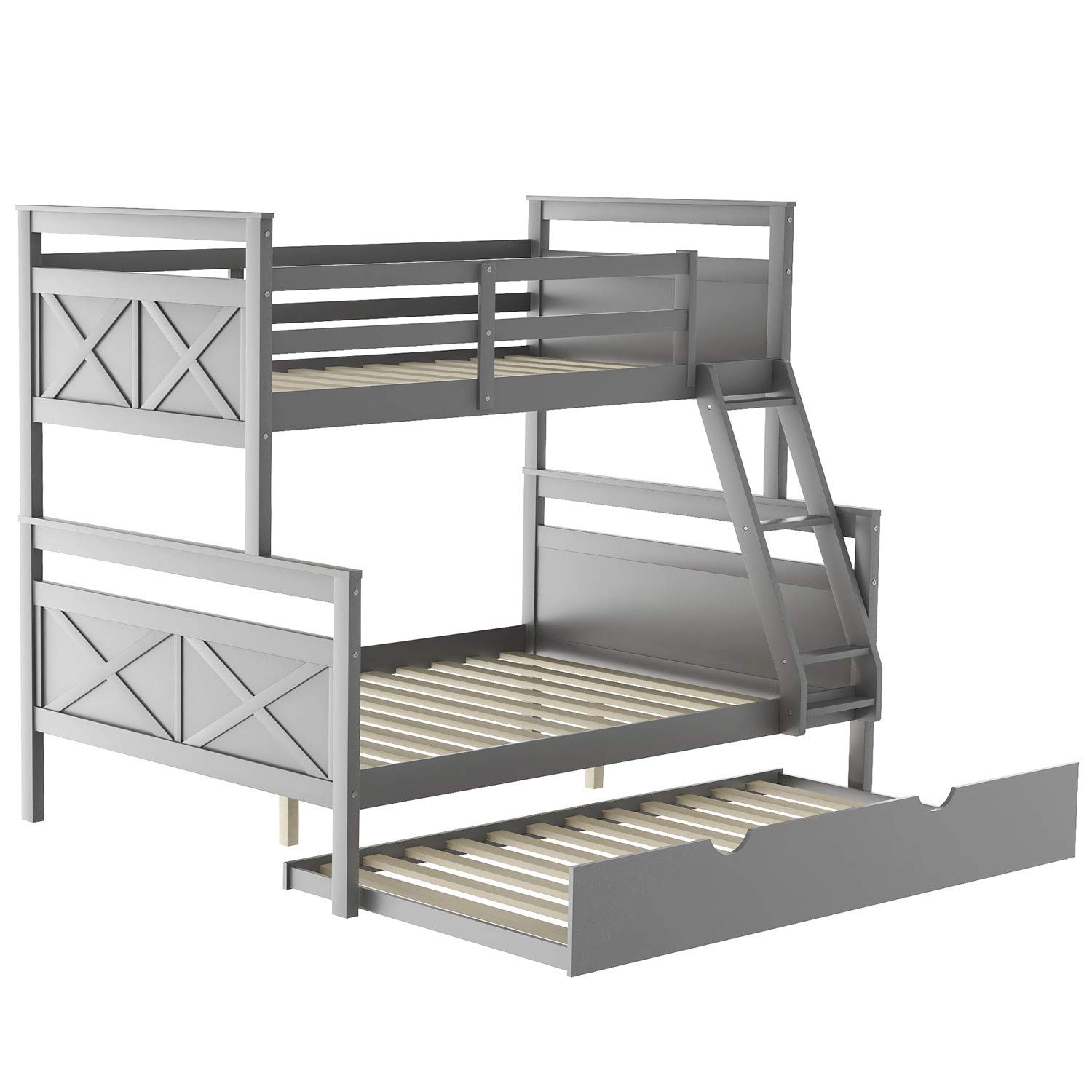 Twin Bunk Bed Frame with Ladder & Safety Rail - Gray Wooden Bunk Bed for Kids' Room