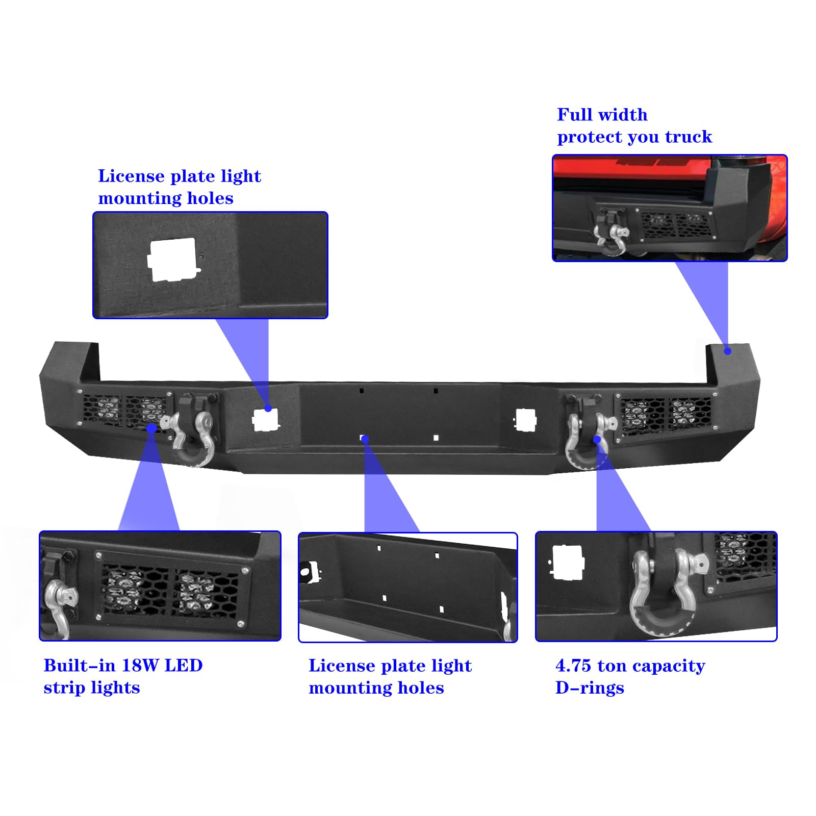 FIRSTGO Heavy Duty Rear Bumper with Winch Mount & 4 LED Lights for 2005-2015 Toyota Tacoma - Off-Road Bumper with D-Ring Shackles for Truck Protection & Adventure