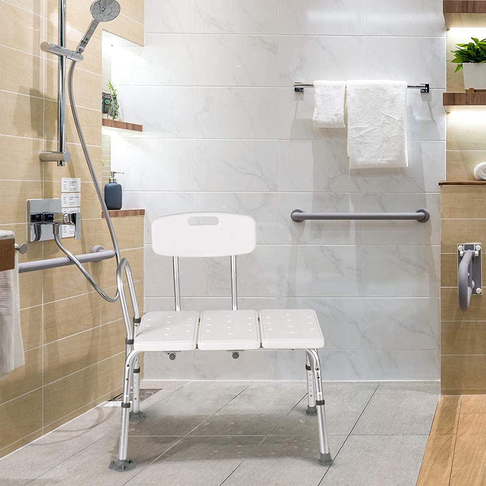 Adjustable Aluminum Alloy Shower Transfer Bench with Backrest - 3 Blow Molding Plates, Non-Slip Shower Chair for Elderly & Disabled - White | Bathroom Safety for Seniors, Post-Surgery Recovery & Accessible Showering