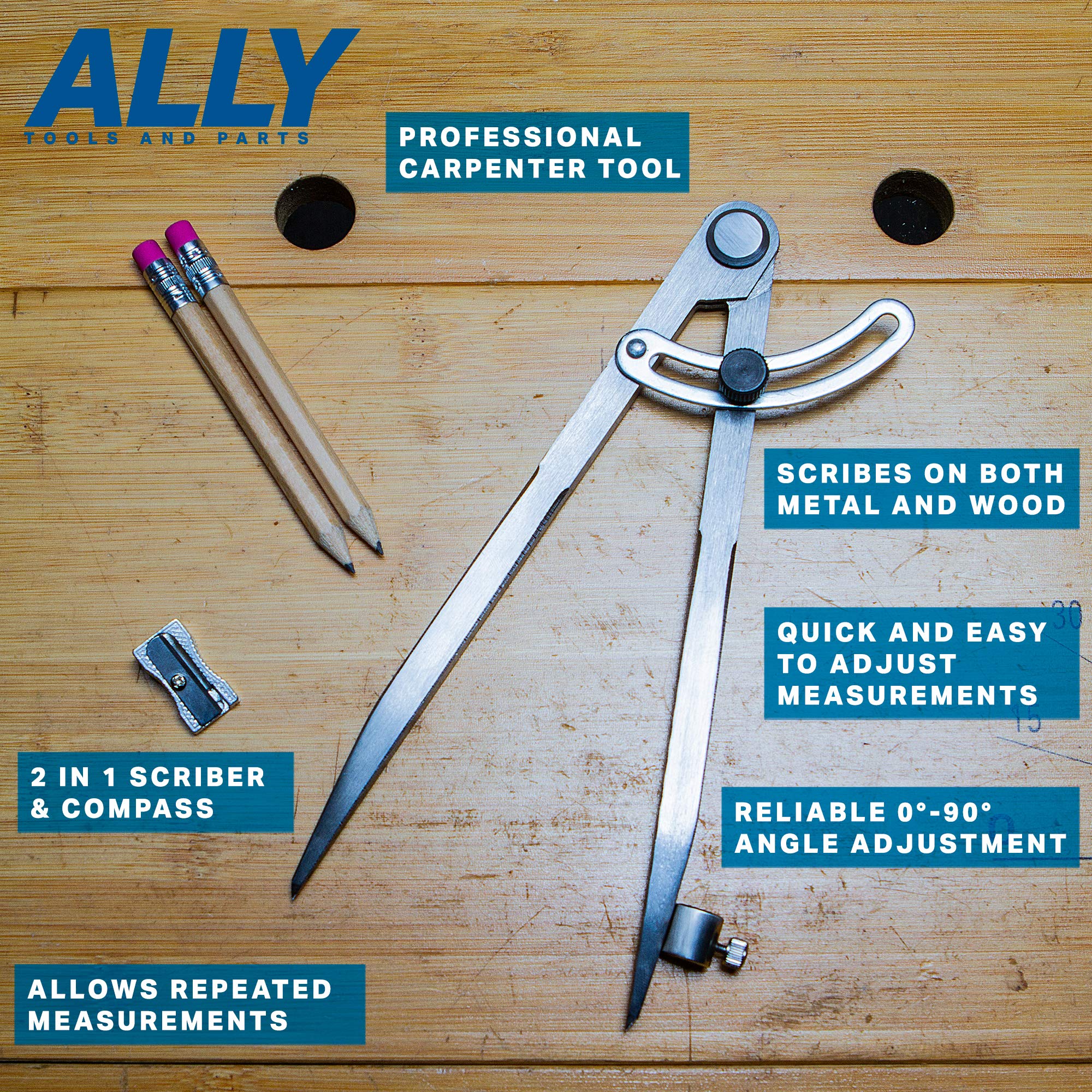 ALLY Tools 8 Inch Precision Locking Wing Divider - Woodworking Compass with Pencil Holder | Includes 2 Pencils & Sharpener | Perfect for Drawing, Drafting, Carpentry & DIY Wood Projects | Great for Artists, Engineers & Woodworkers