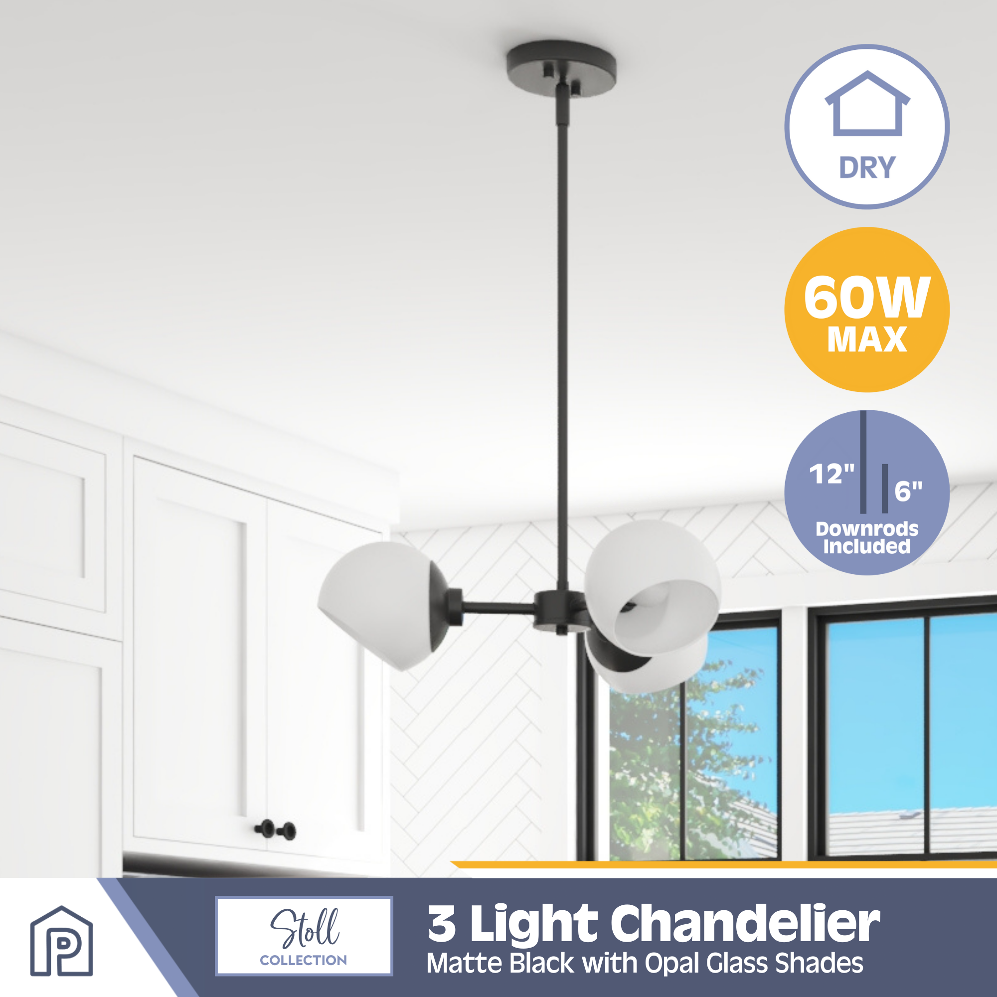 3-Light Stoll Chandelier with Opal Glass Shades - Matte Black Finish for Dining Room, Living Room or Bedroom Lighting