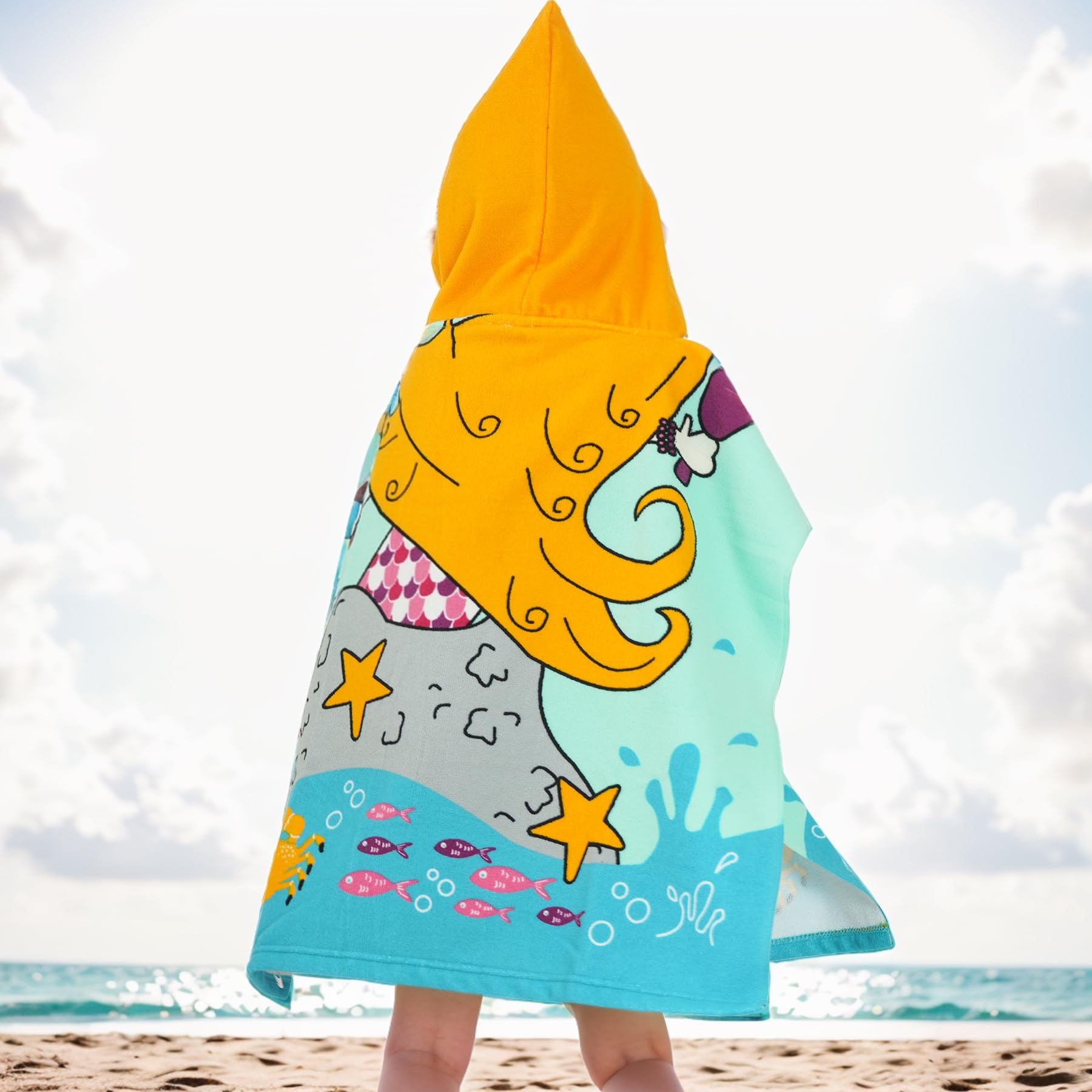 Yolyoo Kids Hooded Beach Towel - Soft Microfiber Swim Cover Up Cape for Boys & Girls (47x24 Inch) - Shark, Astronaut, Mermaid Themes - Perfect for Pool, Beach & Summer Activities