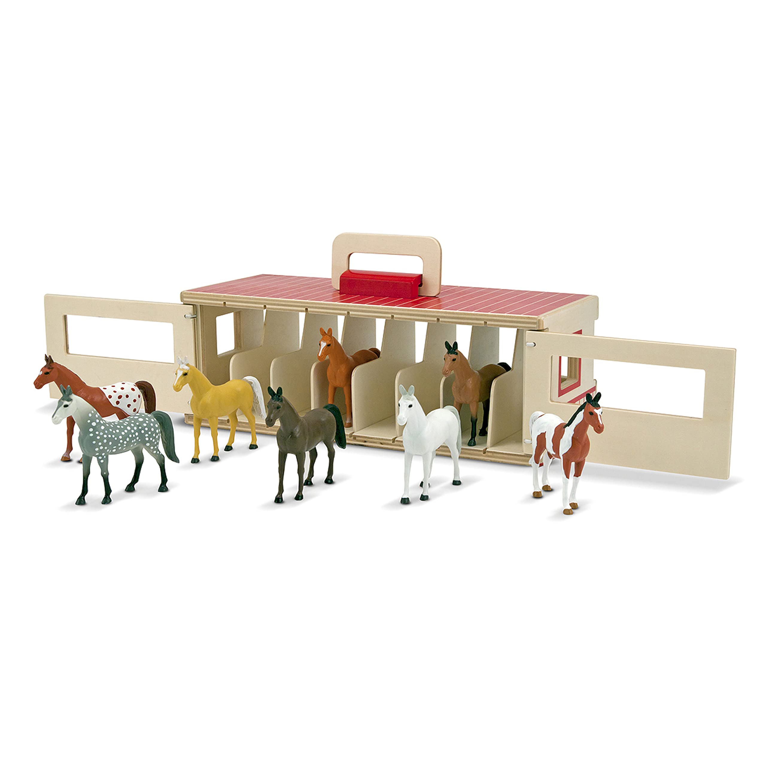 Melissa & Doug Take-Along Wooden Stable Play Set with 8 Toy Horses - Portable Show-Horse Stable for Kids, Pretend Play & Travel Toys - Perfect for Imaginative Play, Birthday Gifts & On-the-Go Entertainment