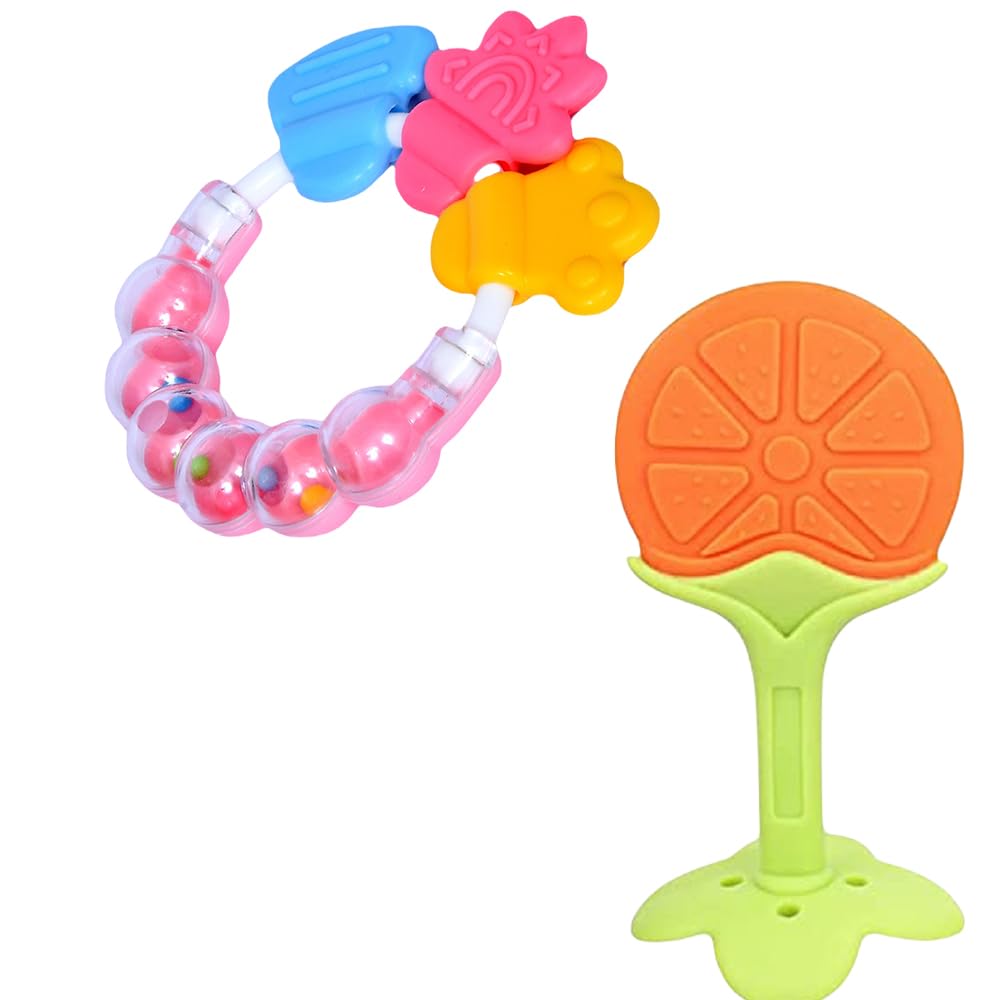 Kritiu BPA-Free Silicone Baby Rattle Teether & Teething Toy Set - Safe Soothing Relief for 0-12 Month Old Infants (Pink & Yellow) | Perfect for Daycare, Travel & Sensory Play Development