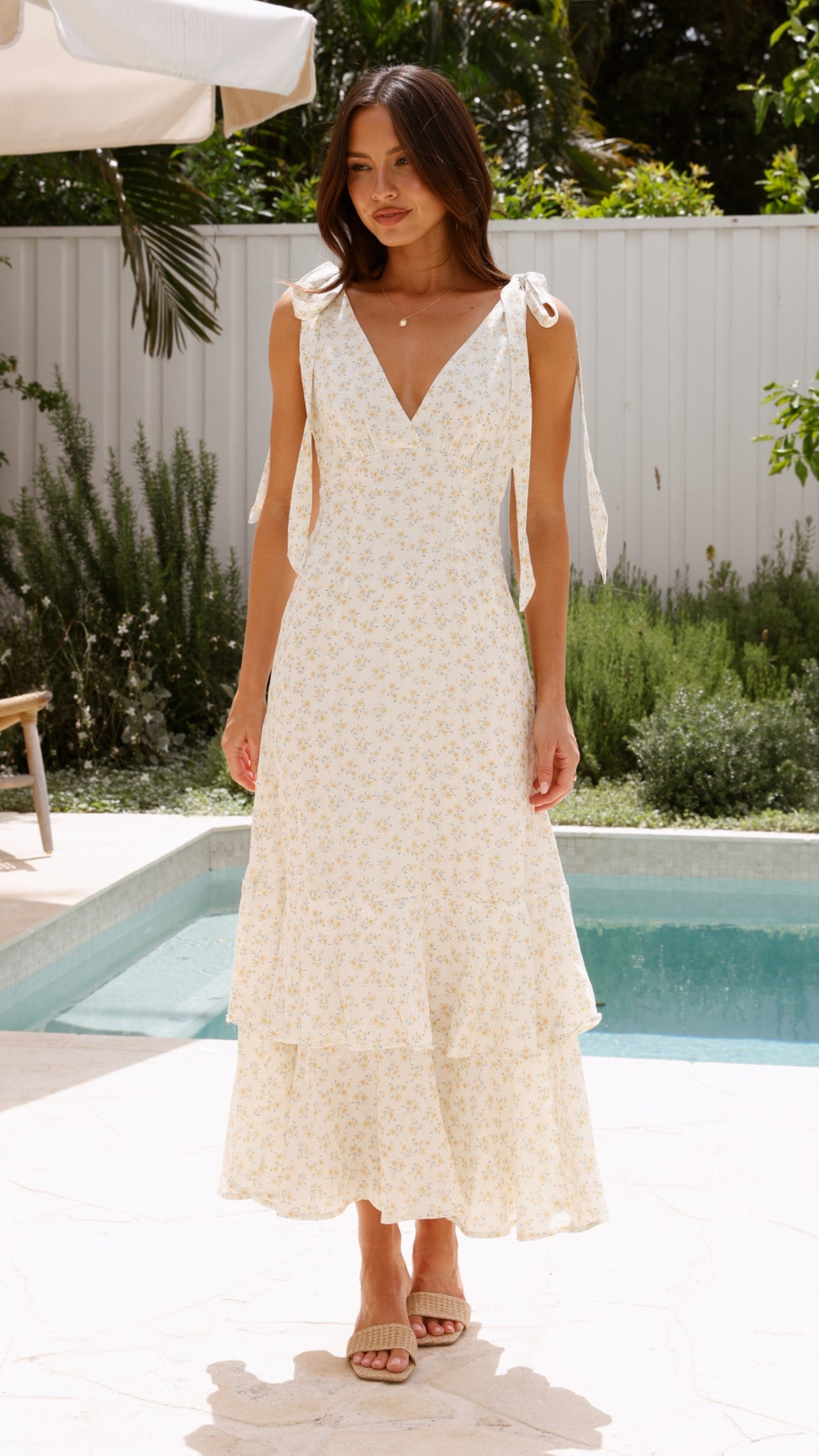Idana Maxi Dress for Women - Cream Floral Print Long Summer Dress, Beach Wedding Party Vacation Outfit