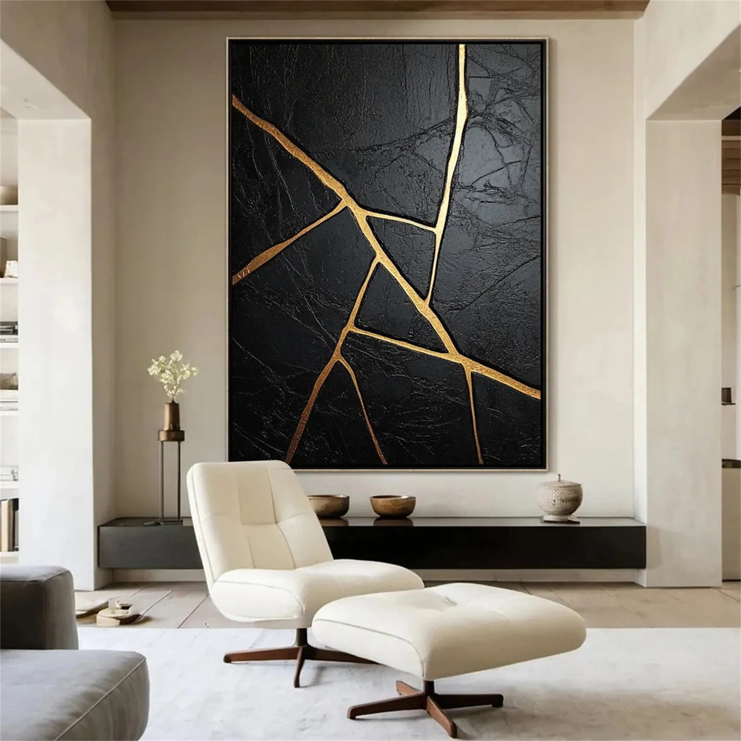 Black Gold Minimalist Textured Abstract Wall Art Painting - Modern Home Decor for Living Room, Bedroom & Office #MZ136