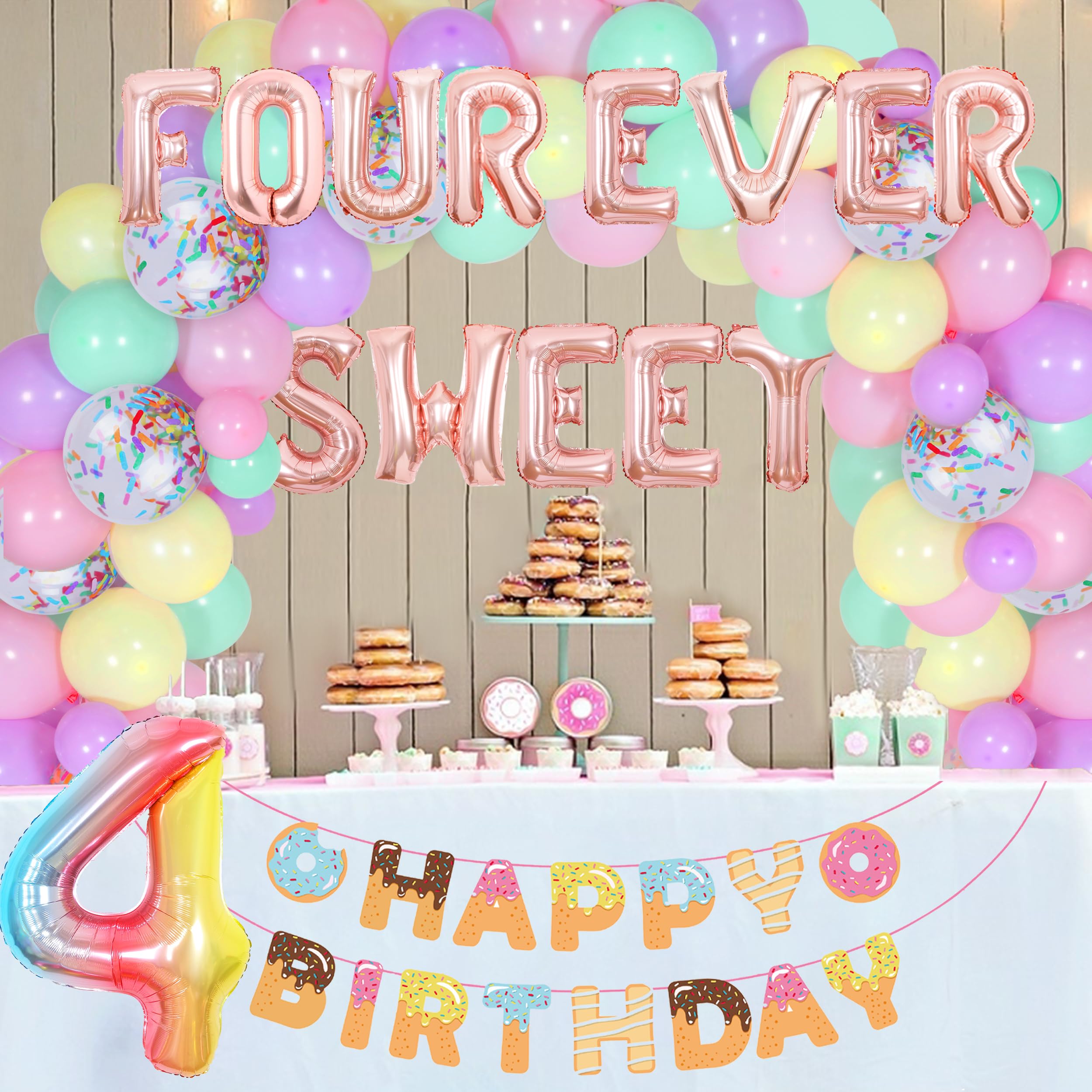 Donut 4th Birthday Party Decorations Set - Four Ever Sweet Theme for Girls, Doughnut Balloon Arch & Happy Birthday Banner - Perfect for 4 Year Old's Party, Baby Shower, or Dessert-Themed Celebration