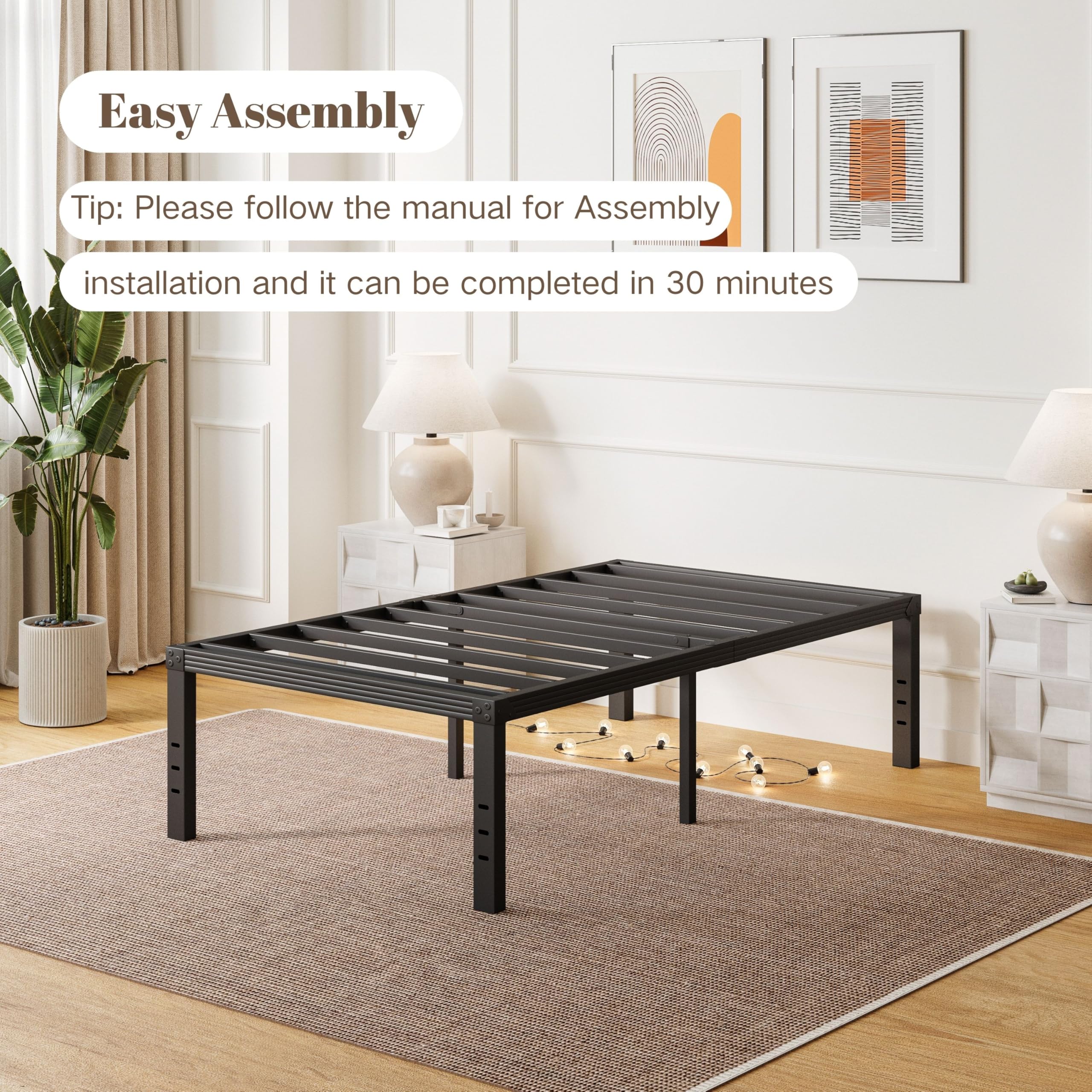 ZIYOO Twin Bed Frame with Heavy Duty Steel Slats - 16 Inch Platform Bed, No Box Spring Needed | Sturdy Non-Slip Design, Easy Assembly & Noise-Free | Under Bed Storage Space, Black | Perfect for Small Bedrooms, Guest Rooms & Dormitories