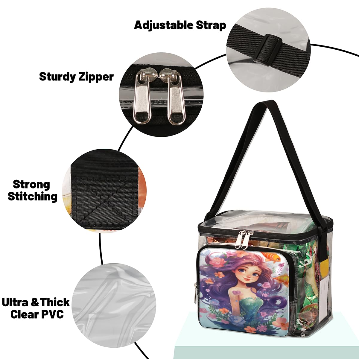 GzLeyigou Mermaid Print Clear Tote Bag with Handles - Transparent Crossbody Shoulder Bag for Women, Gold Fish Design Lunch Bag - Perfect for Beach, Travel, Picnic, Concerts, Sports Events & Stadium Approved (Multi-Color)