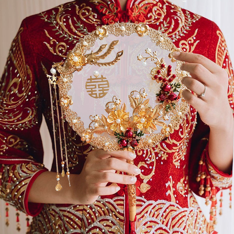 Vintage Chinese Wedding Hand Fan - Elegant Bridal Accessory for Traditional Ceremonies & Photo Shoots