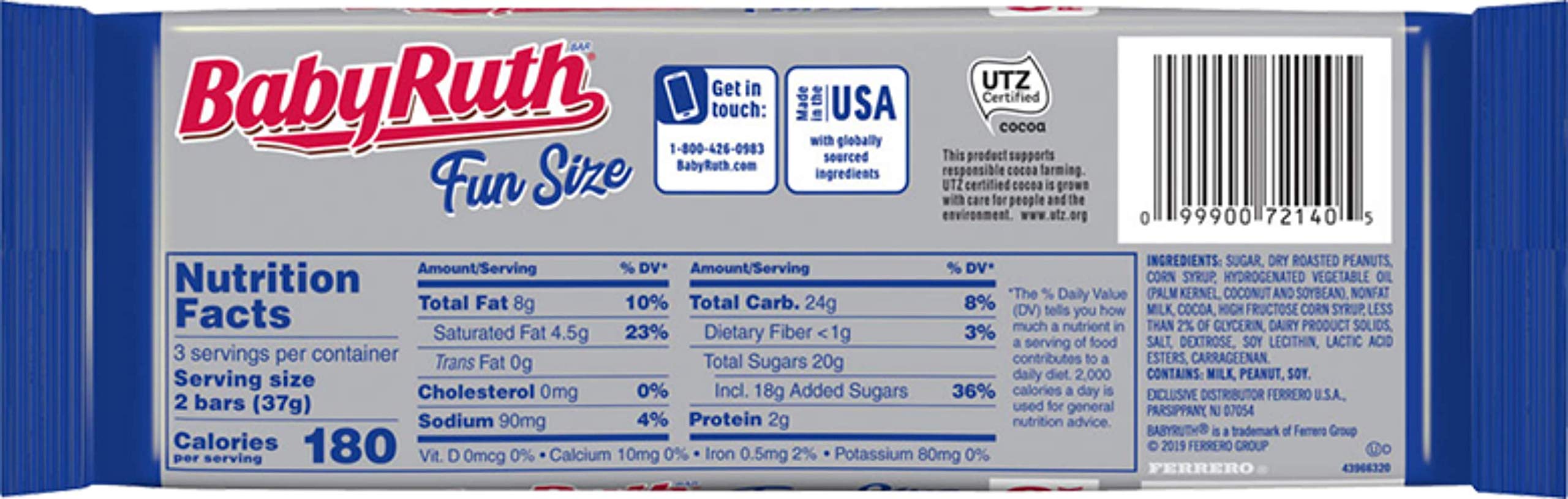 Baby Ruth Milk Chocolate Candy Bars - 6 Individually Wrapped Ferrero Snacks, 3.9oz - Perfect for Halloween Treats, Party Favors & Office Snacks