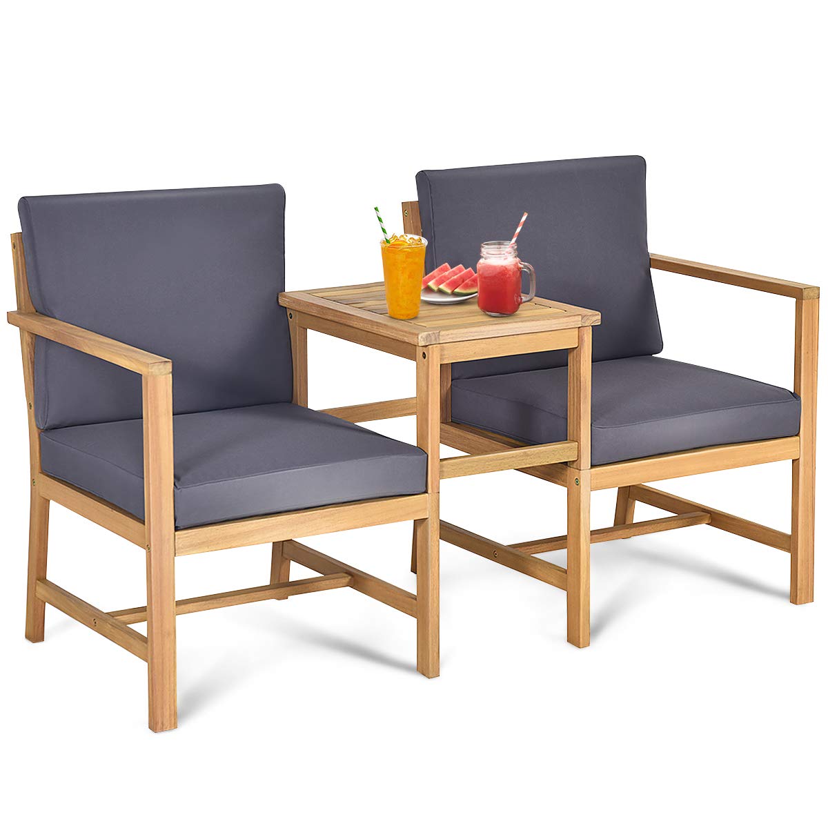 Tangkula 3-in-1 Acacia Wood Loveseat with Removable Coffee Table - 3-Piece Outdoor Patio Furniture Set with Cushions - 2-Seater Garden Bench for Backyard, Balcony, Poolside & Deck (Natural Teak) - Perfect for Relaxing, Entertaining & Outdoor Dining