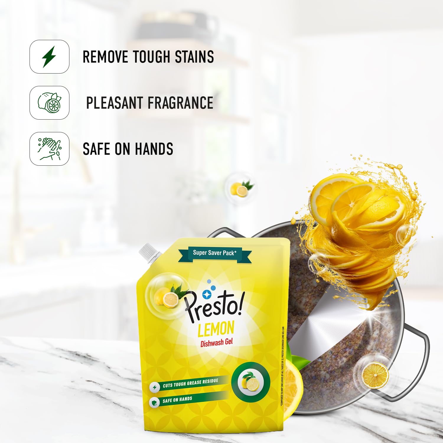 Presto! Lemon Dishwashing Gel Refill Pouch - 2L Grease-Fighting Formula | Residue-Free & Odor Eliminator | Works on Pots, Pans & Utensils | Ideal for Kitchen, Camping & RV Use