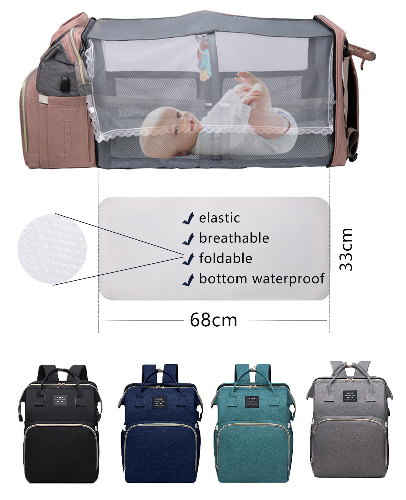 **Stylish Pink Diaper Backpack with Changing Station - Large Travel Baby Bag for Girls, Boys & Moms | Waterproof, Spacious & Organized | Perfect for Daycare, Travel & On-the-Go Parenting**