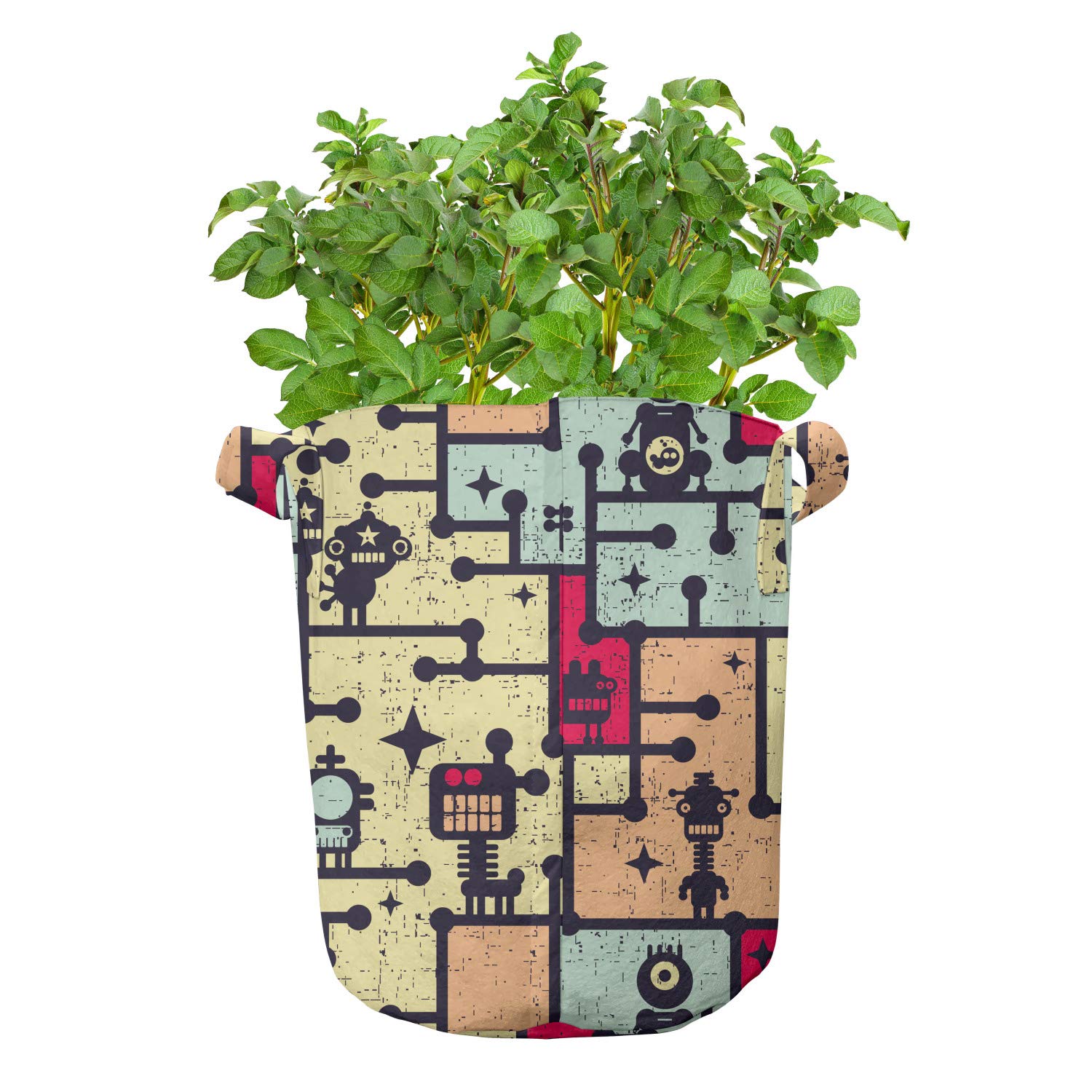Ambesonne 5-Pack Heavy Duty 7 Gallon Fabric Grow Bags with Handles - Space Robots Grid Design Plant Pots for Indoor/Outdoor Gardening, Vegetables, Flowers & Herbs