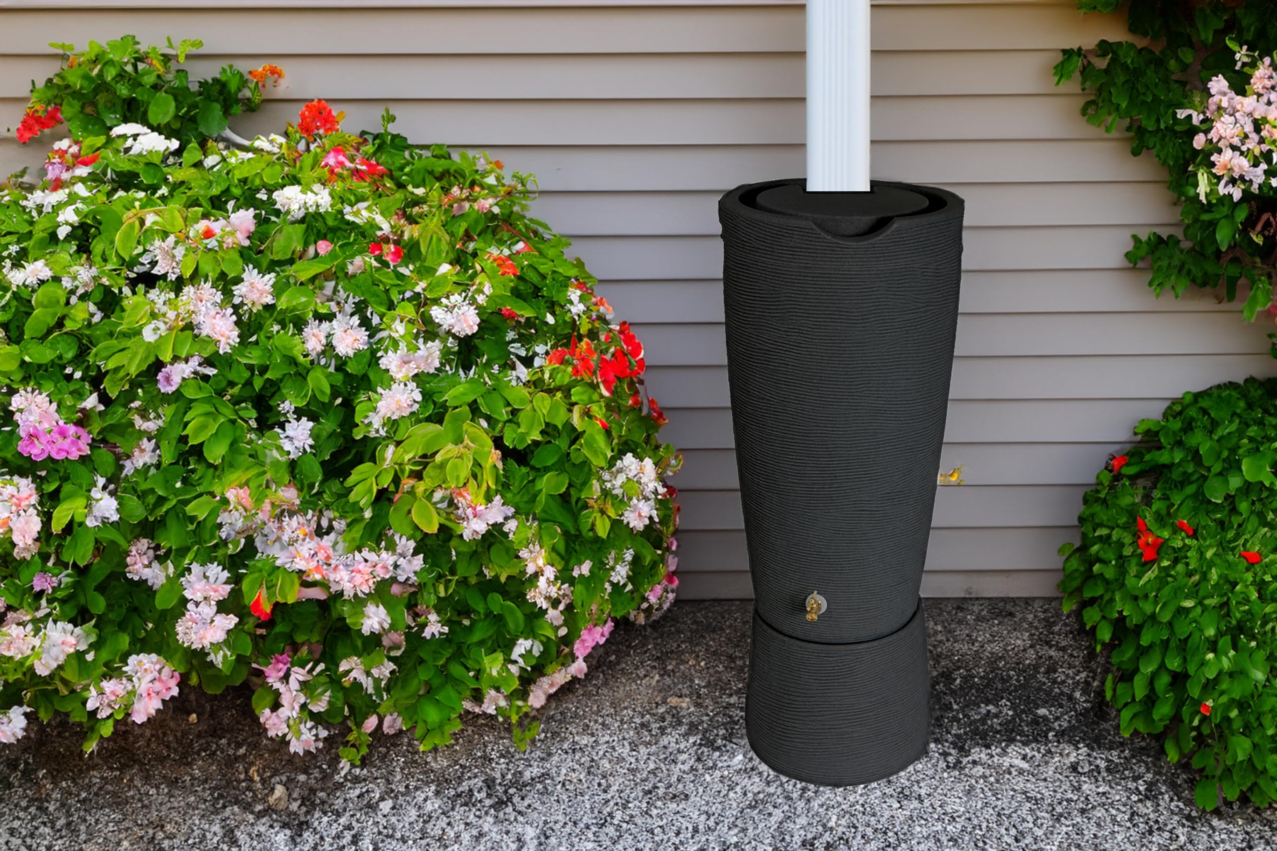50 Gallon Rain Barrel with Stand - 2 Piece Black Water Collection System for Garden & Outdoor Use - Eco-Friendly Rainwater Saver for Sustainable Landscaping