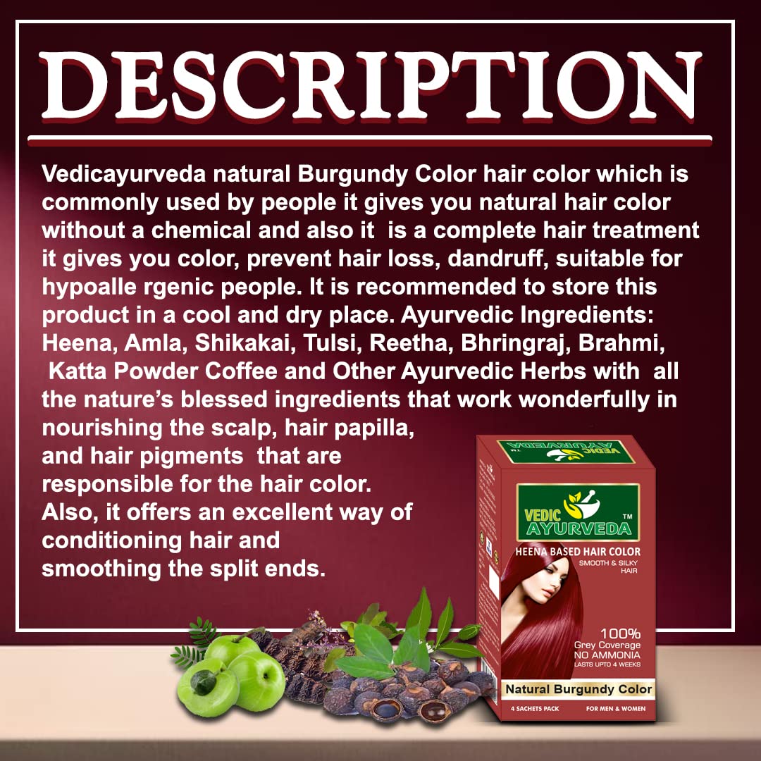 VedicAyurveda Natural Burgundy Hair Dye Kit - Ammonia-Free, Glossy Hair Color (100g) for Vibrant, Long-Lasting Results | Perfect for At-Home Hair Coloring & Salon-Quality Shine