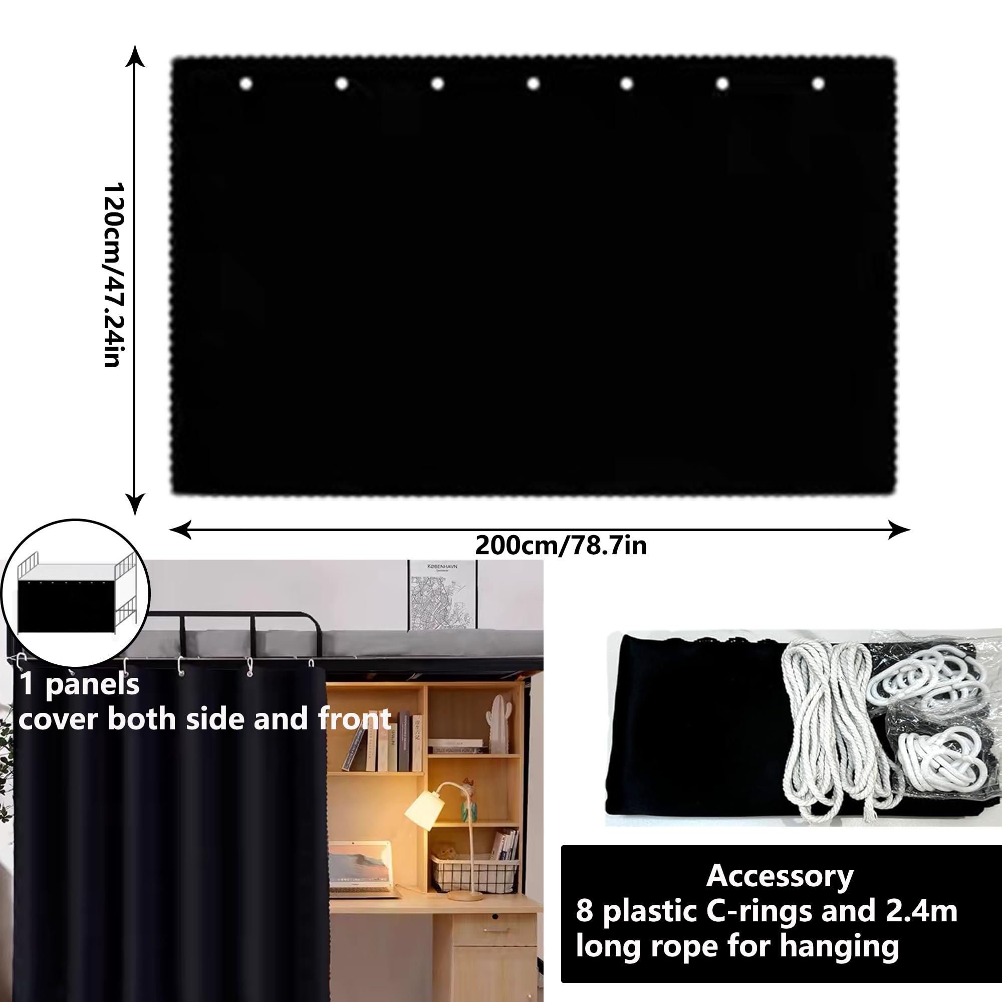 Blackout Curtains for Bottom Bunk Bed - Thick Solid Dorm Room Curtain Panel for College Students (Men & Women) - Perfect for Privacy, Light Blocking and Better Sleep in Dorms or Shared Bedrooms (1 Panel, Black)
