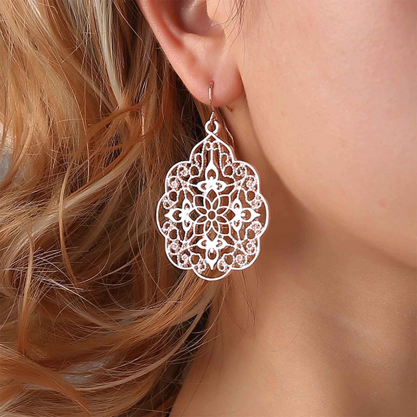 Boho Large Filigree Hoop Drop Dangle Earrings - Vintage Tribal Hollow Carved Rose Gold Gypsy Geometric Floral Statement Jewelry for Women | Wedding, Prom, Party, Festival & Everyday Wear