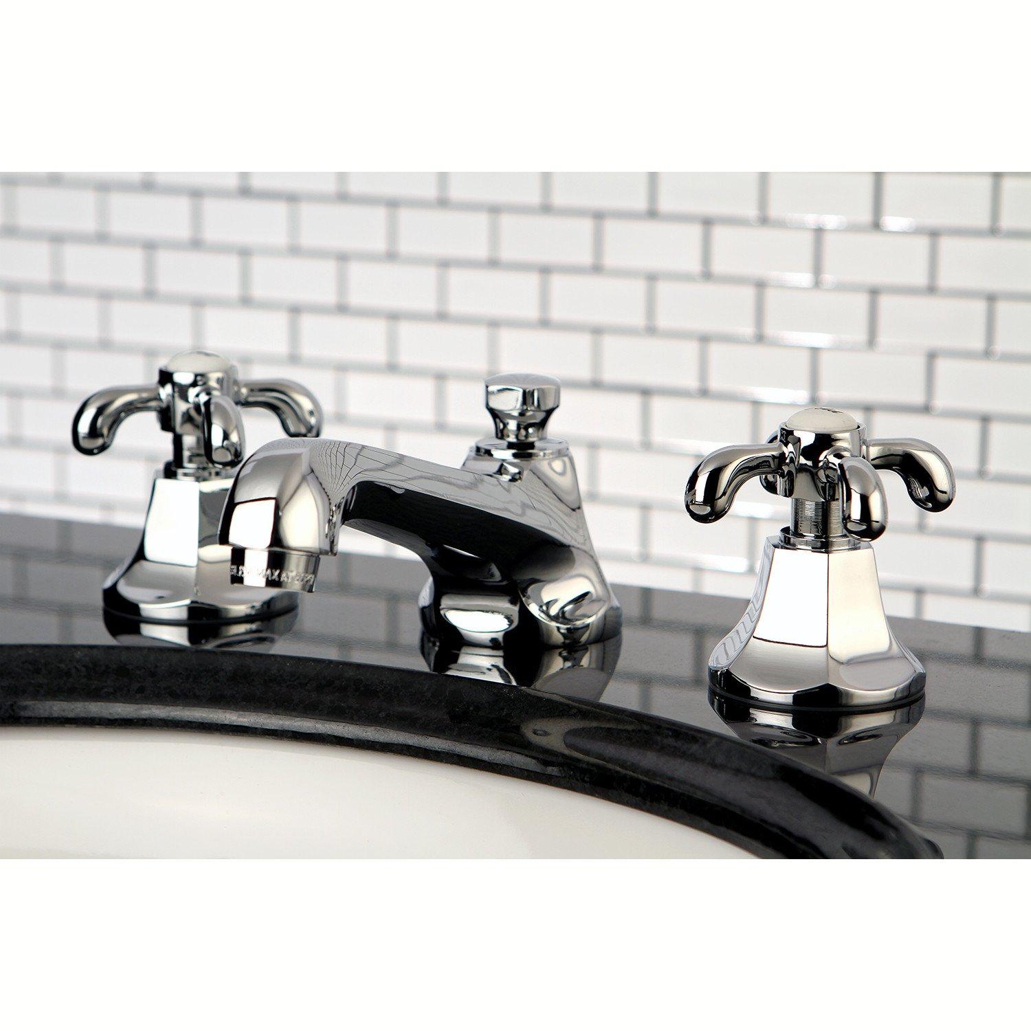 French Country Two-Handle 3-Hole Deck Mount Widespread Bathroom Faucet with Brass Pop-Up Drain - Vintage Style Sink Faucet for Farmhouse, Cottage & Traditional Bathrooms