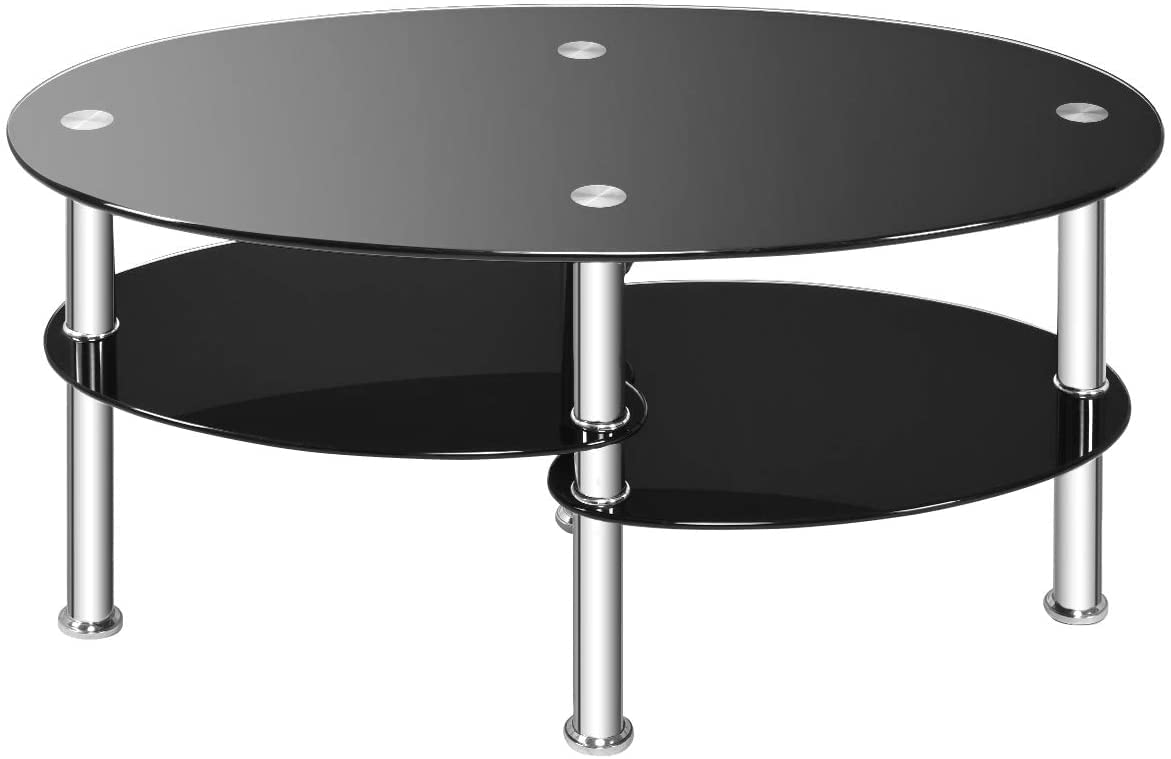 Modern 3-Tier Oval Glass Coffee Table - Moccha Design with Spacious Tempered Glass Top & Sturdy Chrome Legs - Perfect for Living Room, Office, Reception Area - Black End Table for Coffee, Books & Home Decor