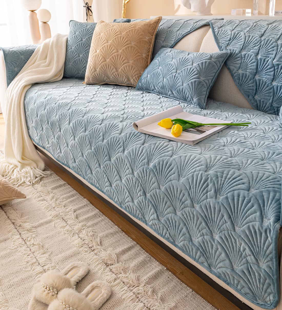 VCTOPS Super Soft Velvet Quilted Sofa Cover - Non-Slip Sectional Couch Slipcover with Leaf Pattern, Plush Furniture Protector for Pets & Kids (Blue, 36