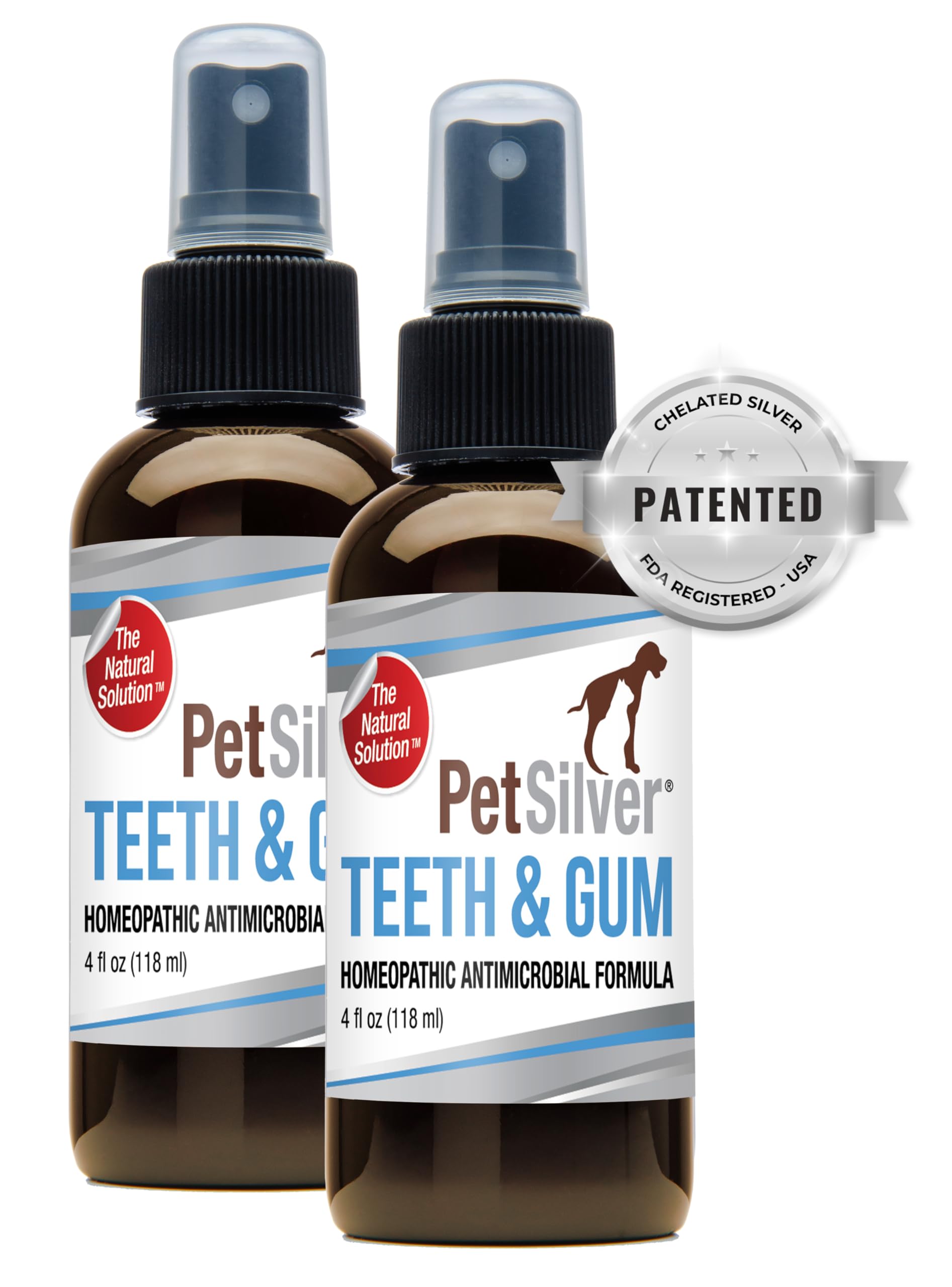 Pet Dental Care Spray for Dogs & Cats - Natural Teeth & Gum Cleaner with Patented Chelated Silver - Reduces Plaque & Tartar Build-Up - Fresh Breath Oral Hygiene Solution - Made in USA - 4oz, 2-Pack - Perfect for Daily Dental Care & Bad Breath Prevention