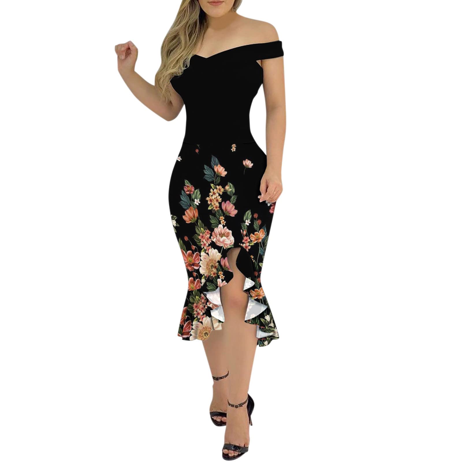 UYTOGOFE Women's Summer Off Shoulder V-Neck Mesh Embroidered Maxi Dress - Elegant Flowy Long Dress for Casual Wear, Beach Vacation & Date Night